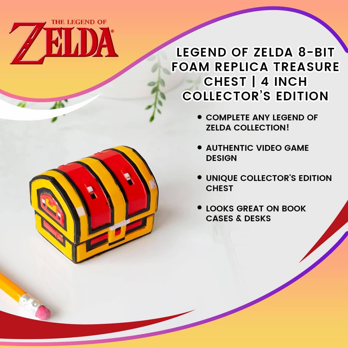 THE LEGEND OF ZELDA 8-BIT FOAM REPLICA TREASURE CHEST | 4 INCH COLLECTOR'S EDITION

- COMPLETE ANY LEGEND OF ZELDA COLLECTION!
- AUTHENTIC VIDEO GAME DESIGN
- UNIQUE COLLECTOR'S EDITION CHEST
- LOOKS GREAT ON BOOK CASES & DESKS