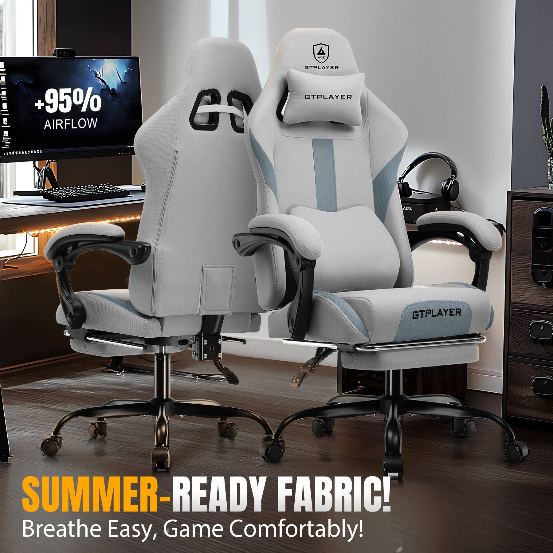 A. 4 +95% AIRFLOW GTPLAYER GTPLAYER SUMMER-READY FABRIC! Breathe Easy, Game Comfortably!