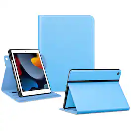 DTTO - Rotating Case for iPad 9th/8th/7th Gen 10.2", Leather Folio with Pencil Holder, 360° Stand, Hand & Close Straps - Sky Blue