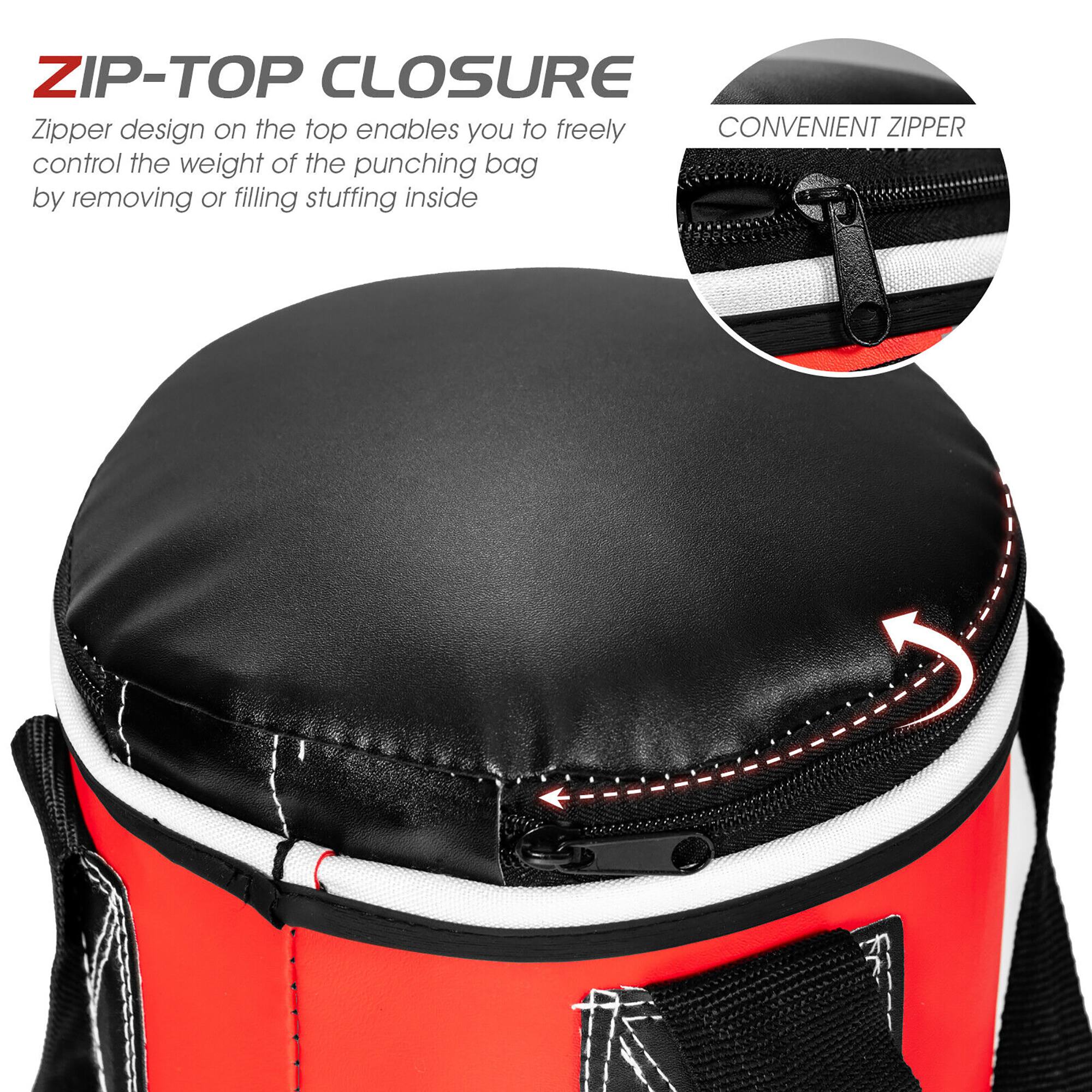 ZIP-TOP CLOSURE  
Zipper design on the top enables you to freely control the weight of the punching bag by removing or filling stuffing inside

CONVENIENT ZIPPER