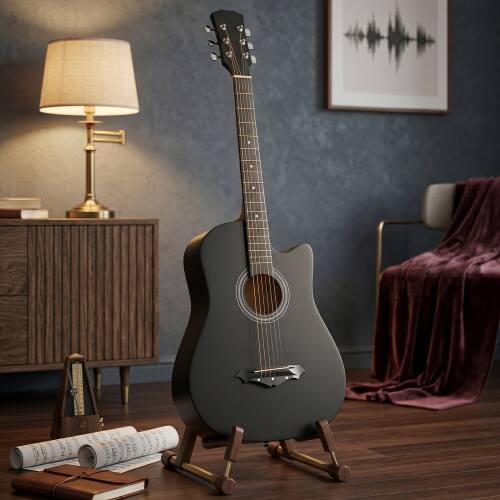 Left. Winado - 38" Acoustic Guitar with Gig Bag for Beginner,3/4 Steel Guitars Kit with Extra Strings, Strap, Picks, Capo - Black.