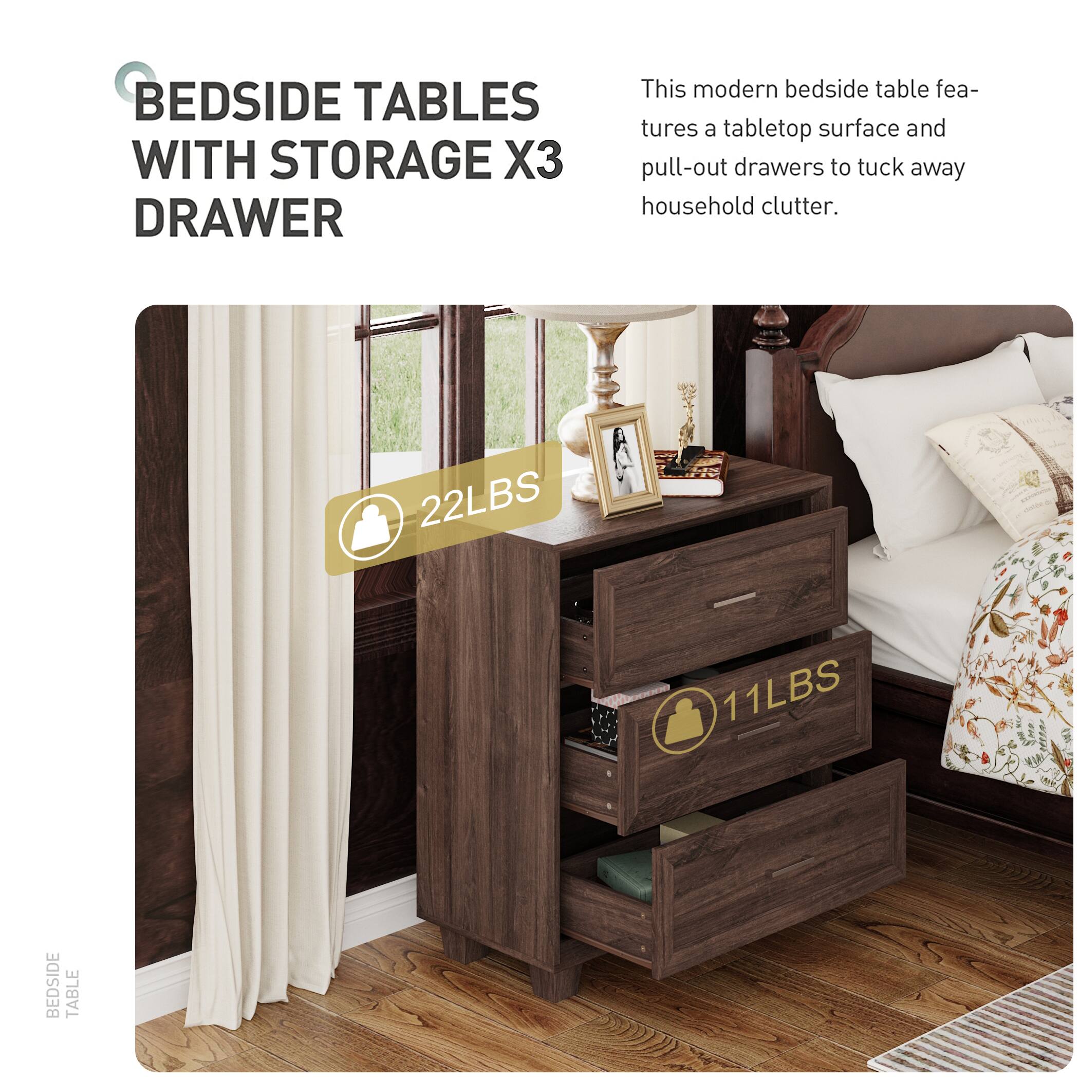 BEDSIDE TABLES WITH STORAGE X3 DRAWER

This modern bedside table features a tabletop surface and pull-out drawers to tuck away household clutter.

22LBS
11LBS
BEDSIDE TABLE