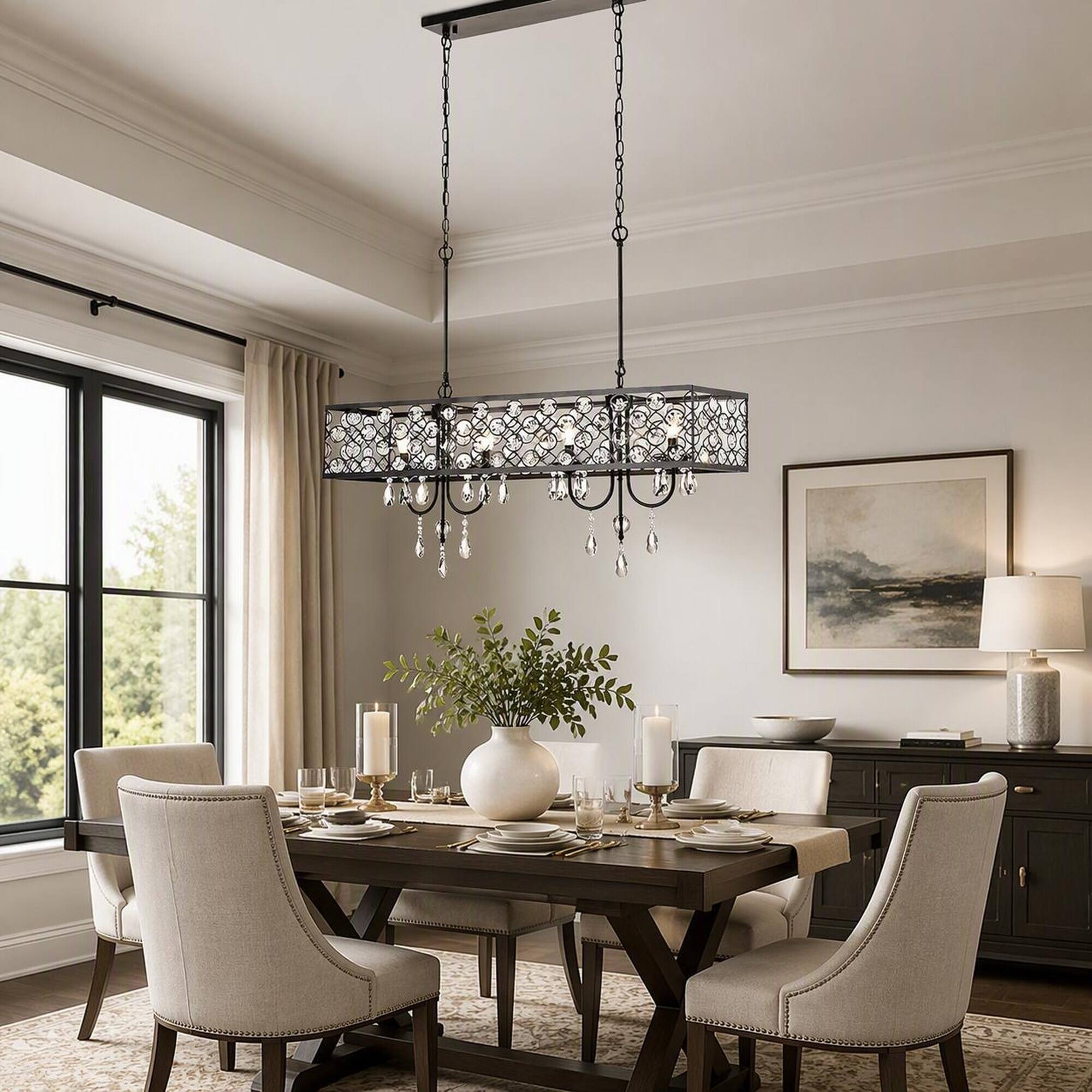 Left. RYHNUYNE - 4-Light Black Rectangle Crystal Chandelier, Adjustable Raindrop Beaded Ceiling Fixture E12 Base - Black.