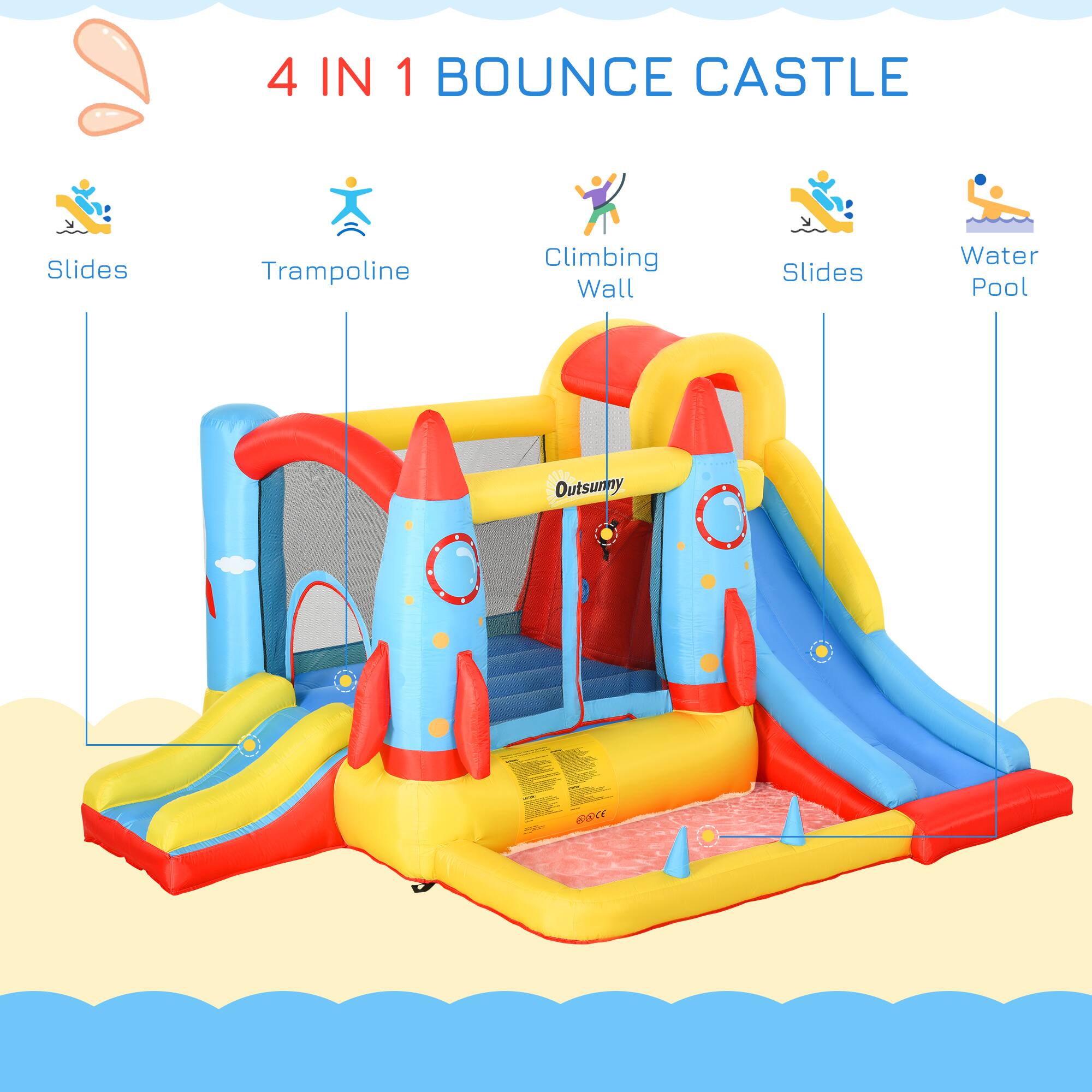 4 IN 1 BOUNCE CASTLE

- Slides
- Trampoline
- Climbing Wall
- Slides
- Water Pool

Outsunny