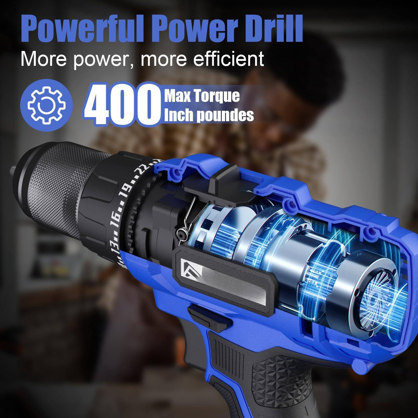 Powerful Power Drill  
More power, more efficient  

400  
Max Torque  
Inch pounds