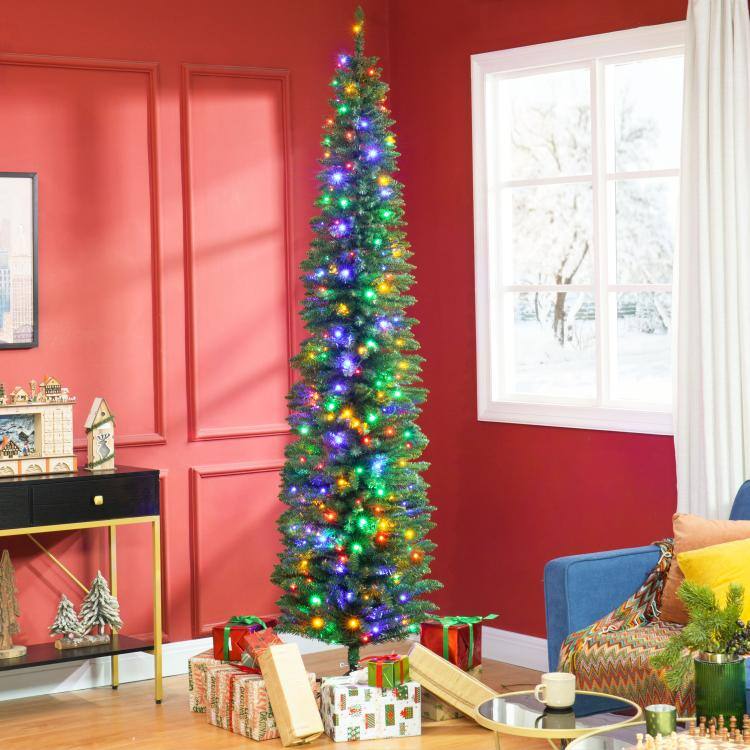 Alt View 1. PULUZ - 8 feet Artificial Pencil Christmas Trees Holiday Decoration with Colorful LED Lights, Steel Base, Skinny Shape - Green.