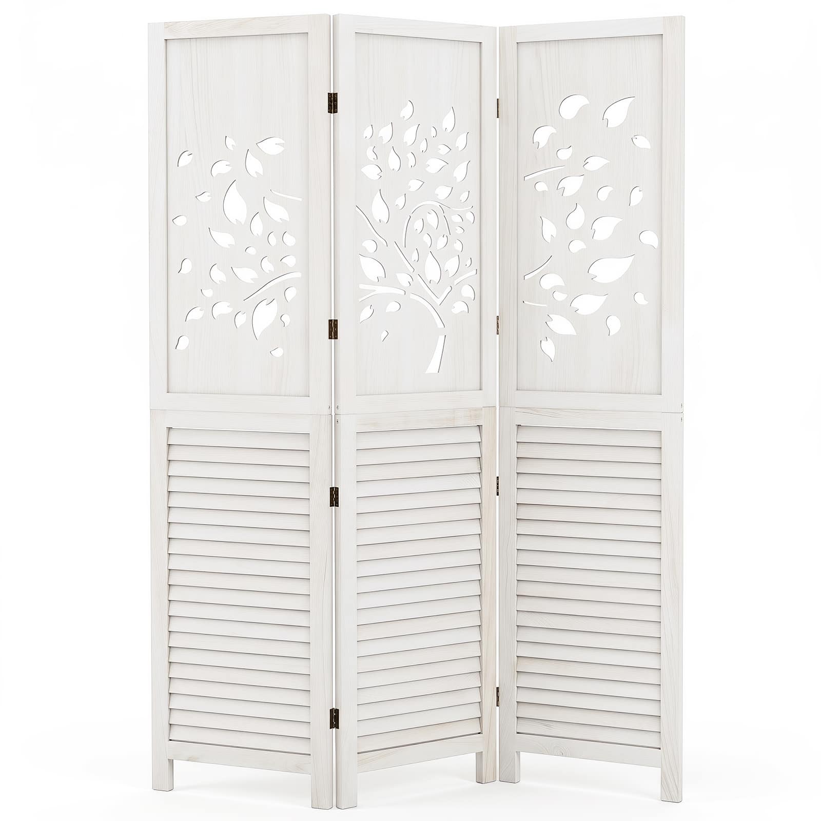 Costway - 67" Folding Room Divider, 3 Panel Wooden Privacy Screen with Tree & Leaves Cutout - White