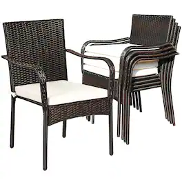 Costway - Set of 4 Patio Rattan Dining Chair Stackable Cushioned Armrest Garden - Brown,Beige
