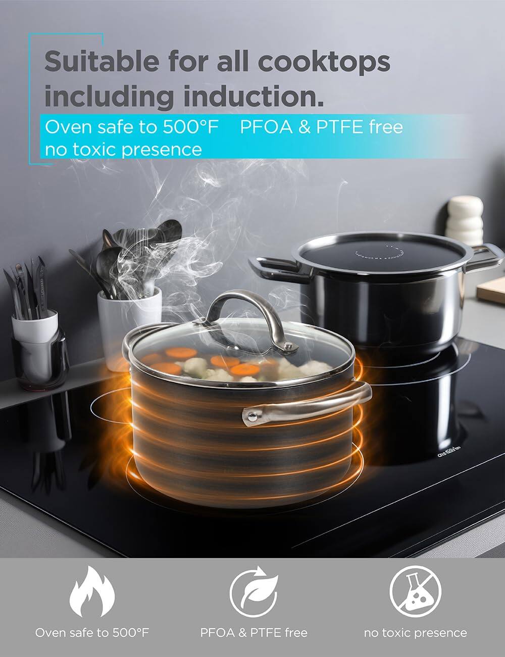 Suitable for all cooktops including induction. Oven safe to 500F PFOA & PTFE free no toxic presence. Oven safe to 500F PFOA & PTFE free no toxic presence.
