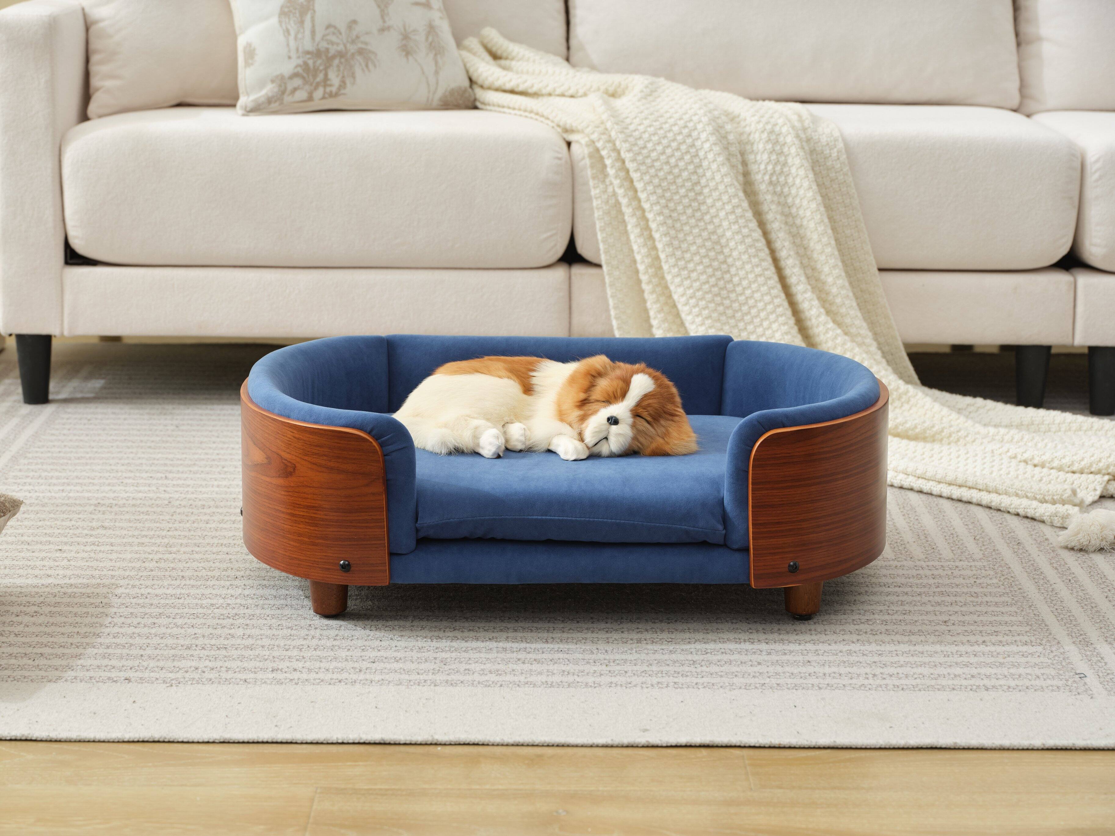 Alt View 10. Siljoy - Mid‑Size Scandinavian Pet Sofa, Walnut & Dark Blue Velvet, Elevated Orthopedic Dog Bed - Dark Blue.
