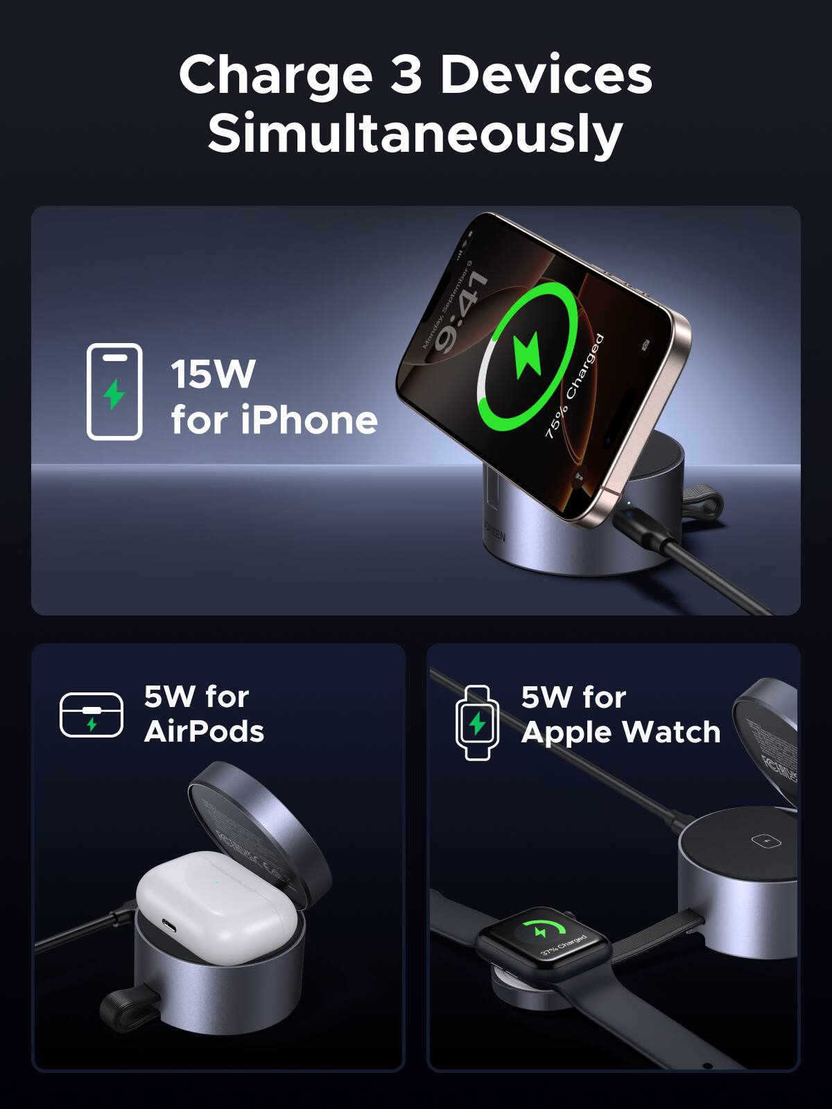 Charge 3 Devices Simultaneously

- 15W for iPhone
- 5W for AirPods
- 5W for Apple Watch