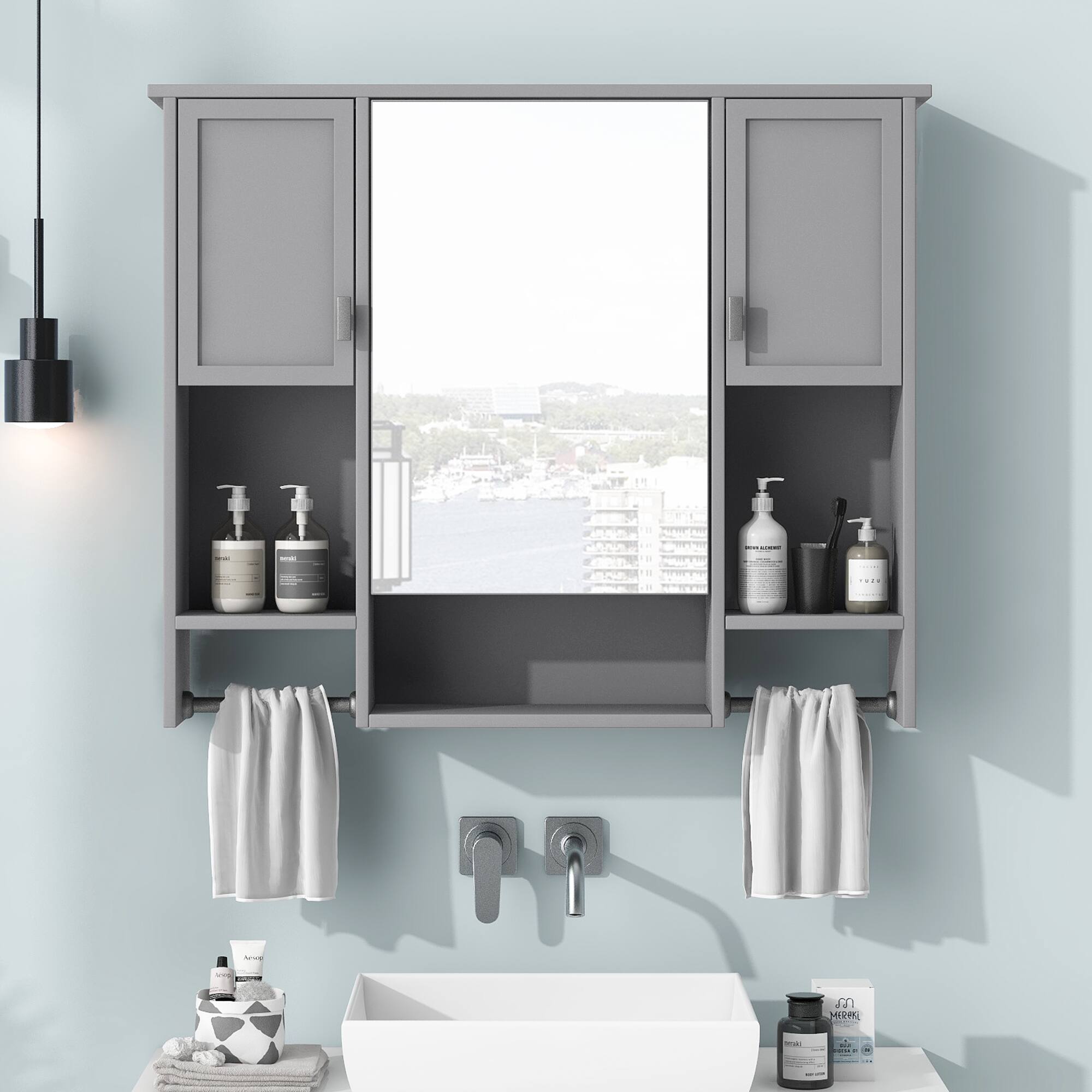 Alt View 8. Ecooso - 35x28in Bathroom Mirror Cabinet with Towel Bar, Wall Mounted Storage Organizer - Grey.