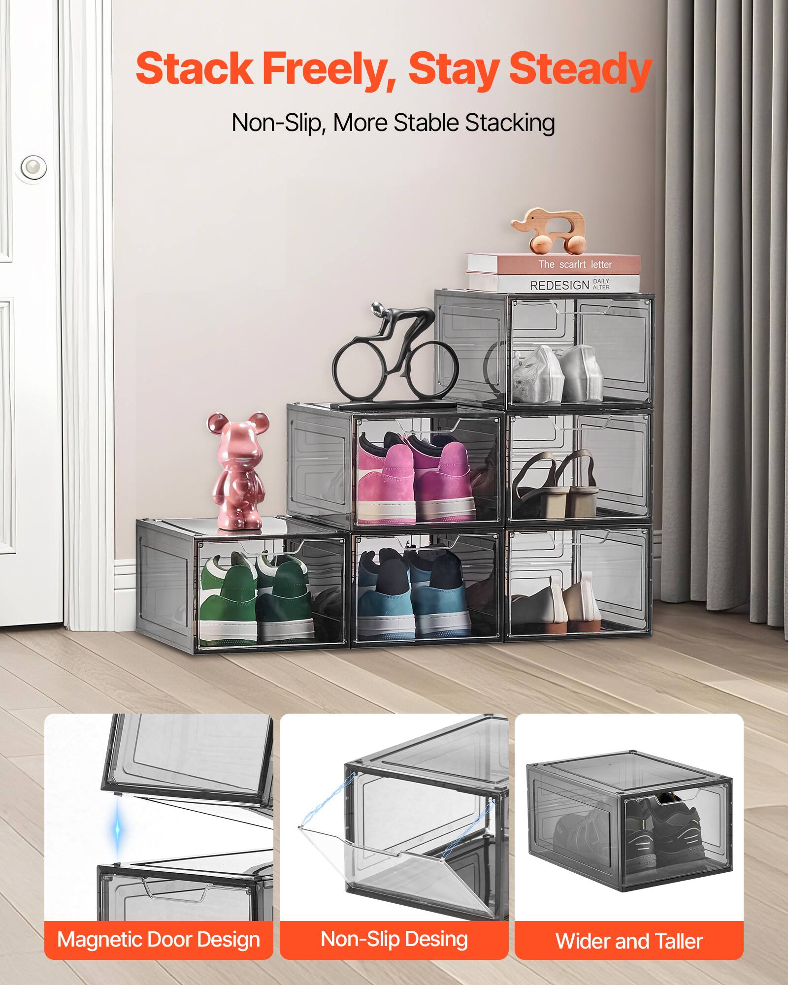 Stack Freely, Stay Steady
Non-Slip, More Stable Stacking
Magnetic Door Design
Non-Slip Design
Wider and Taller