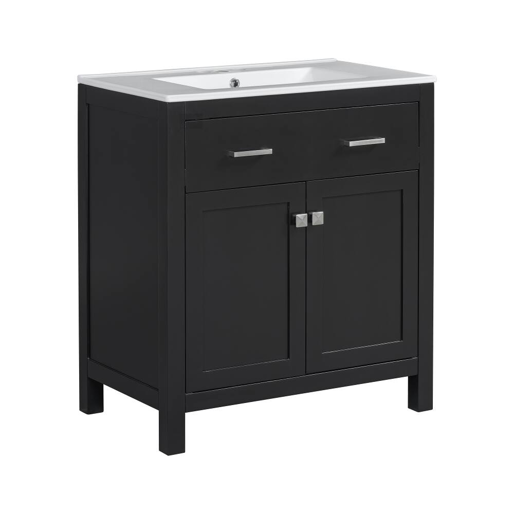 Alt View 7. Loheer - Loheer 30 Inch Black Bathroom Vanity with Ceramic Sink, Freestanding Single Sink Vanity with 2 Doors and Flip-Out Drawer - Black.