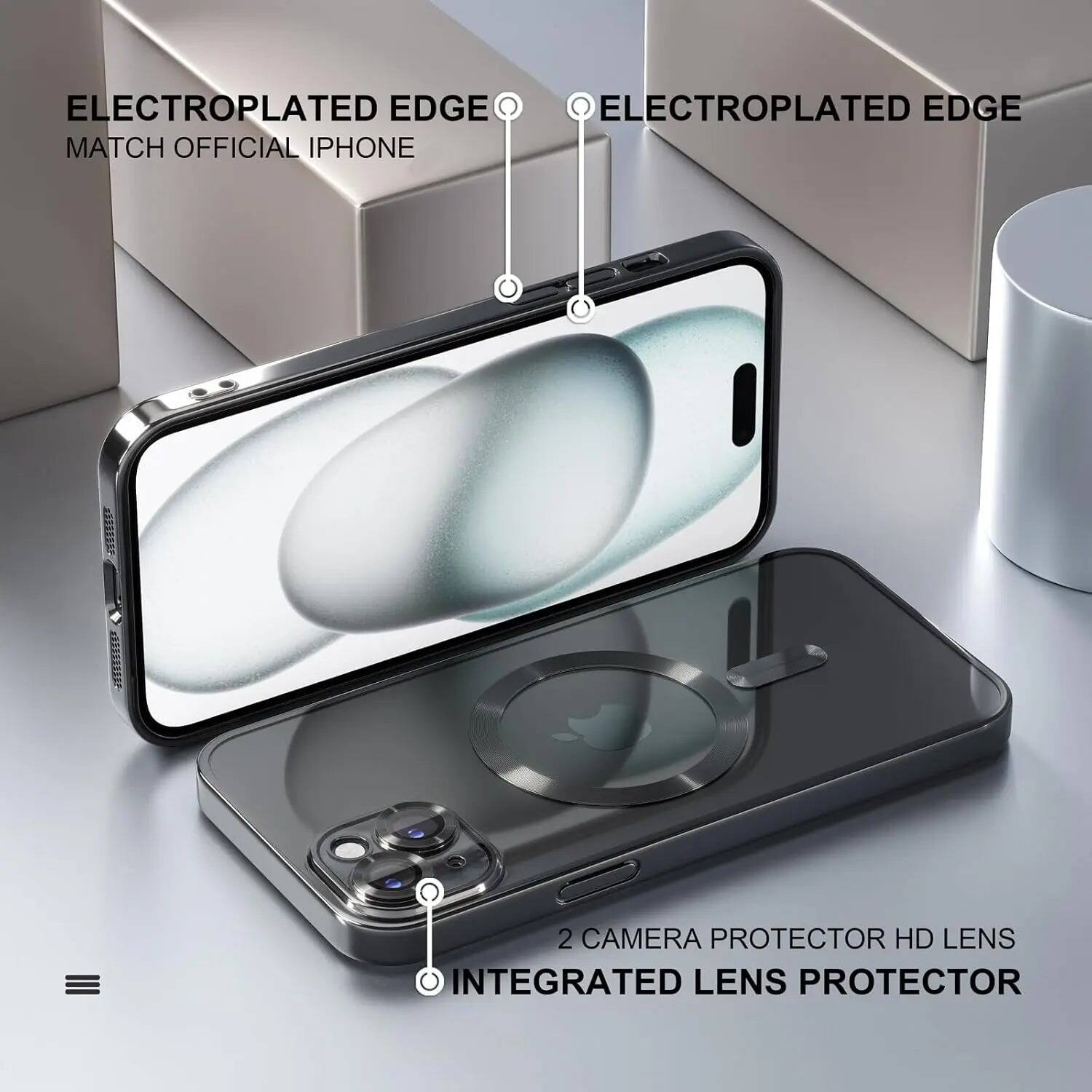 ELECTROPLATED EDGE  
MATCH OFFICIAL IPHONE

ELECTROPLATED EDGE

2 CAMERA PROTECTOR HD LENS  
INTEGRATED LENS PROTECTOR