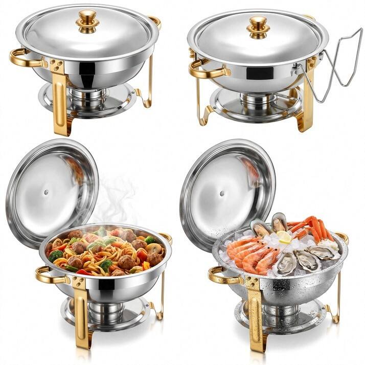Front. FOHERE - 6QT Chafing Dishes for Buffet, 4 Pack Round Chafing Dish Set - gold.