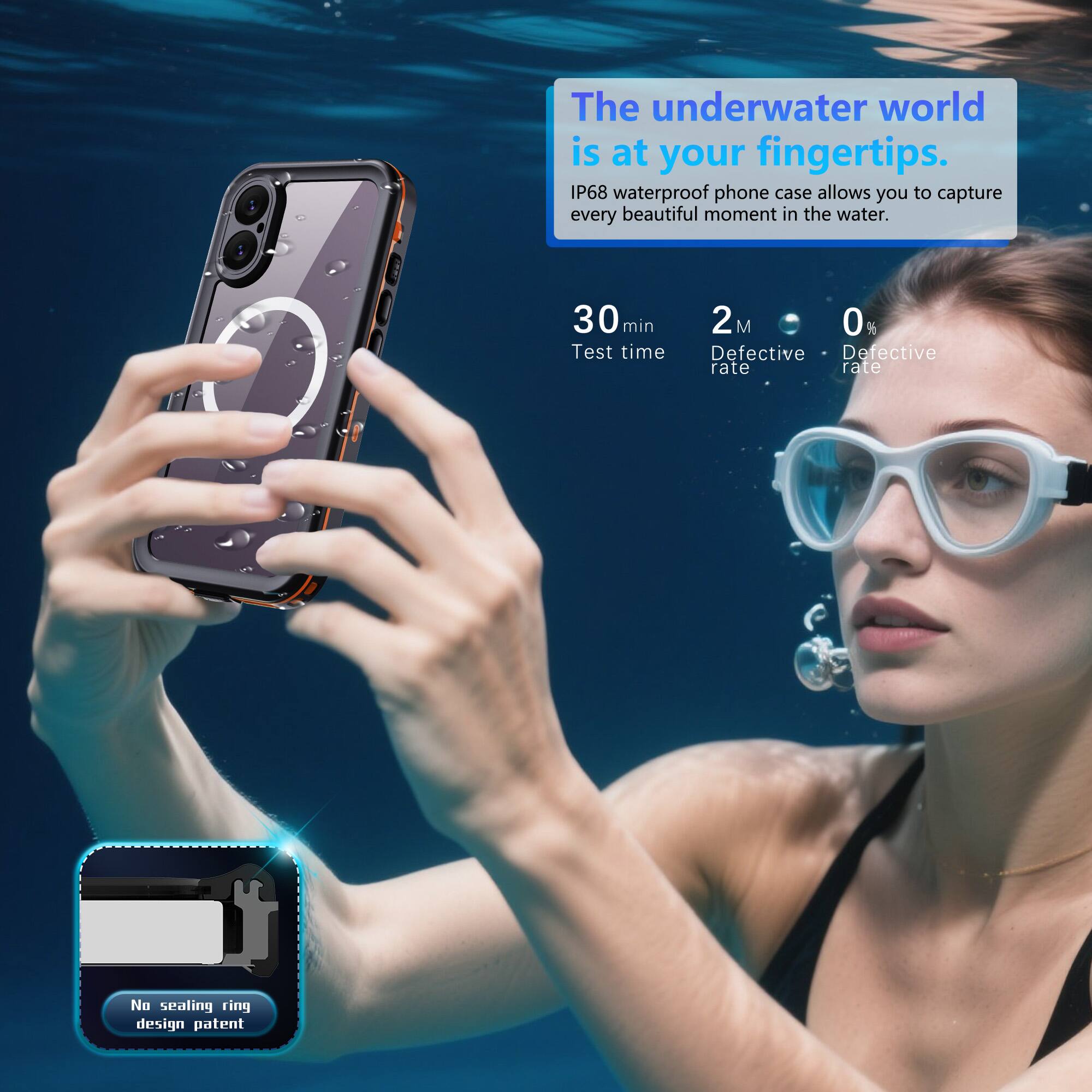 The underwater world is at your fingertips. IP68 waterproof phone case allows you to capture every beautiful moment in the water. 30 min Test time 2M 0% Defective rate. No sealing ring design patent.