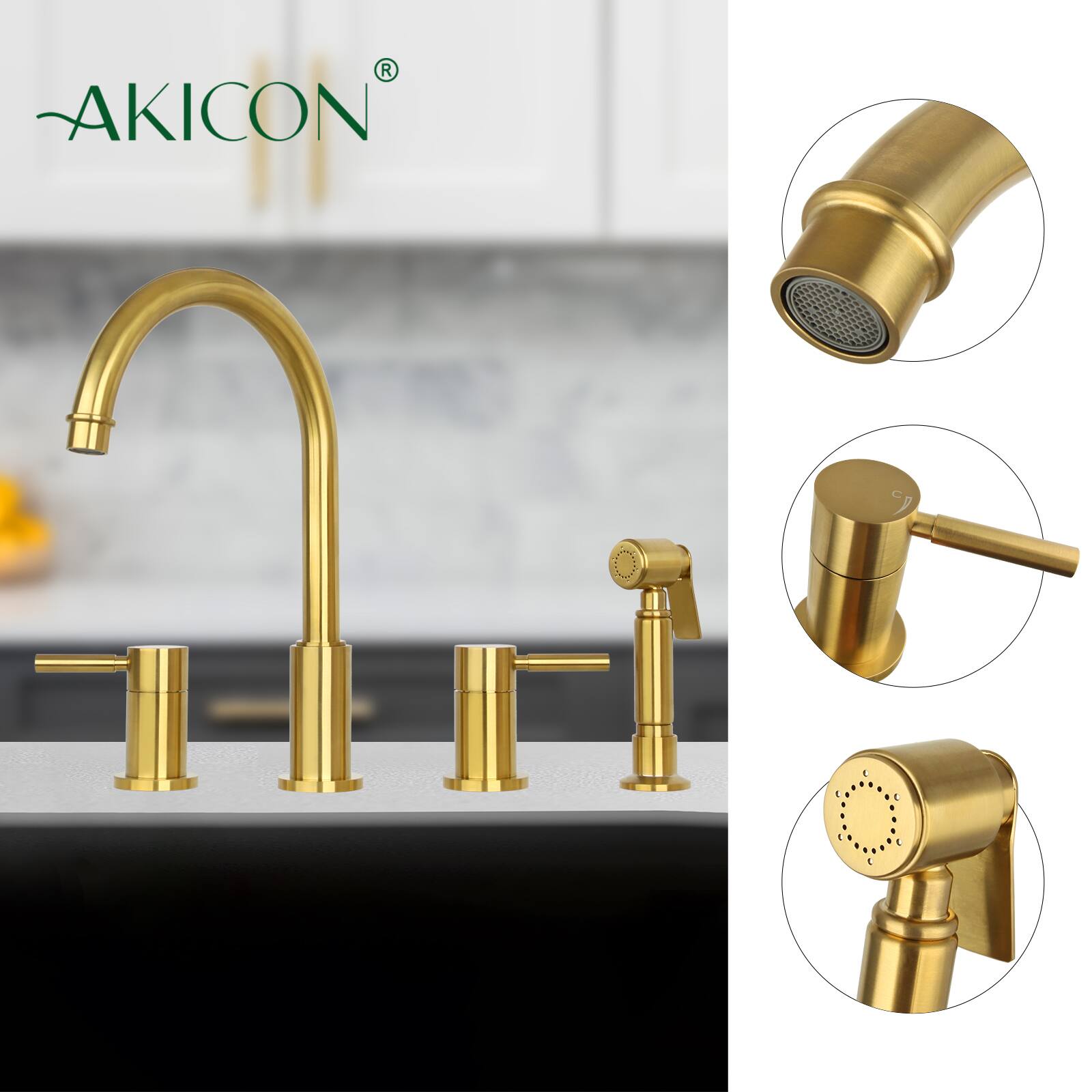 Alt View 2. Akicon - Akicon Solid Brass Double-Handle 360° Swivel Widespread Kitchen Faucet with Side Sprayer in Brushed Gold - Brushed Gold.