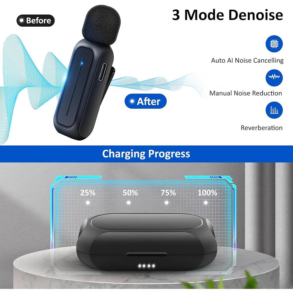 Angle. MOSZAR LLC - Wireless Clip-On Microphone – Lapel Mic with 3-Mode Noise Reduction & Charging Case.