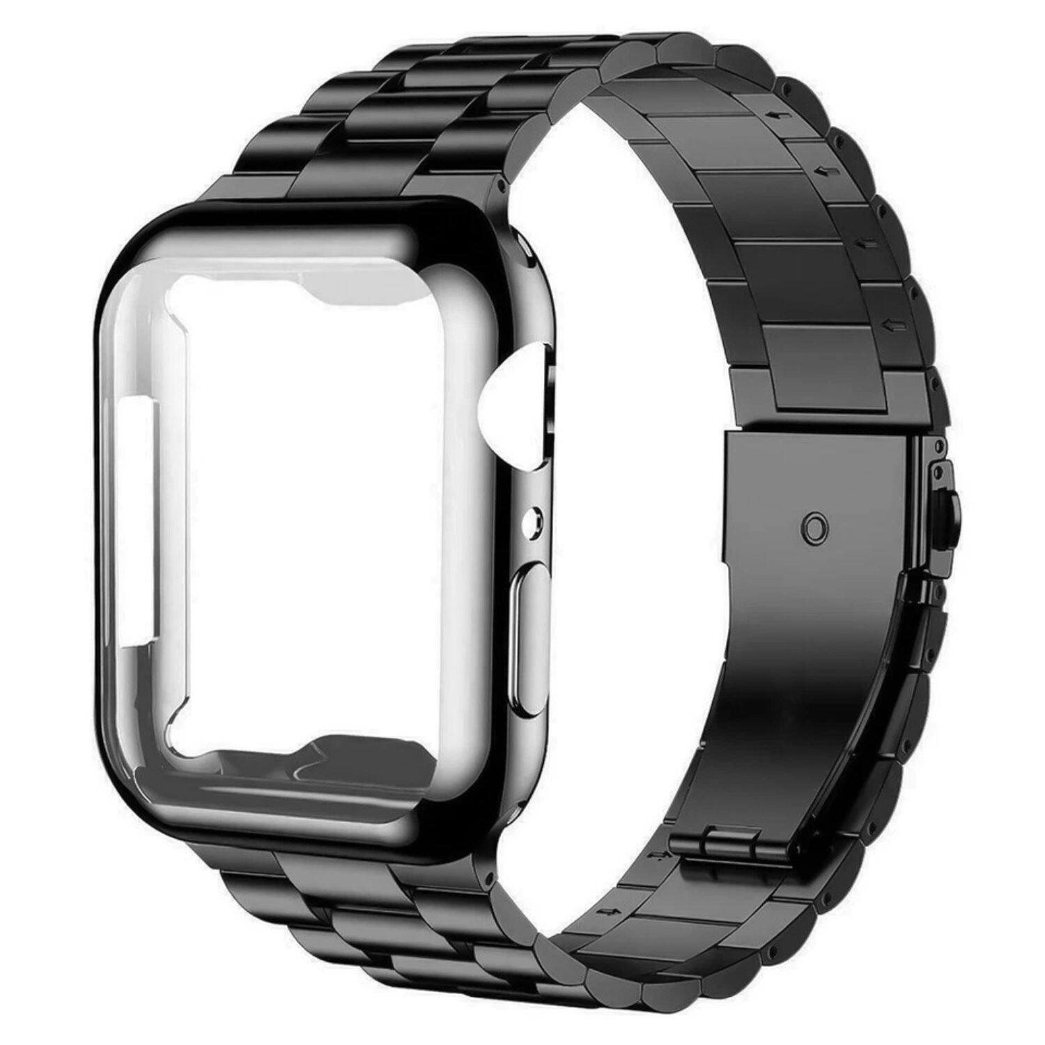Front. Stock Preferred - 42mm Metal iWatch Band Strap with TPU Case – Stainless Steel Wristband for Apple Watch Series 6, 5, 4, 3, 2, 1, SE - Black.