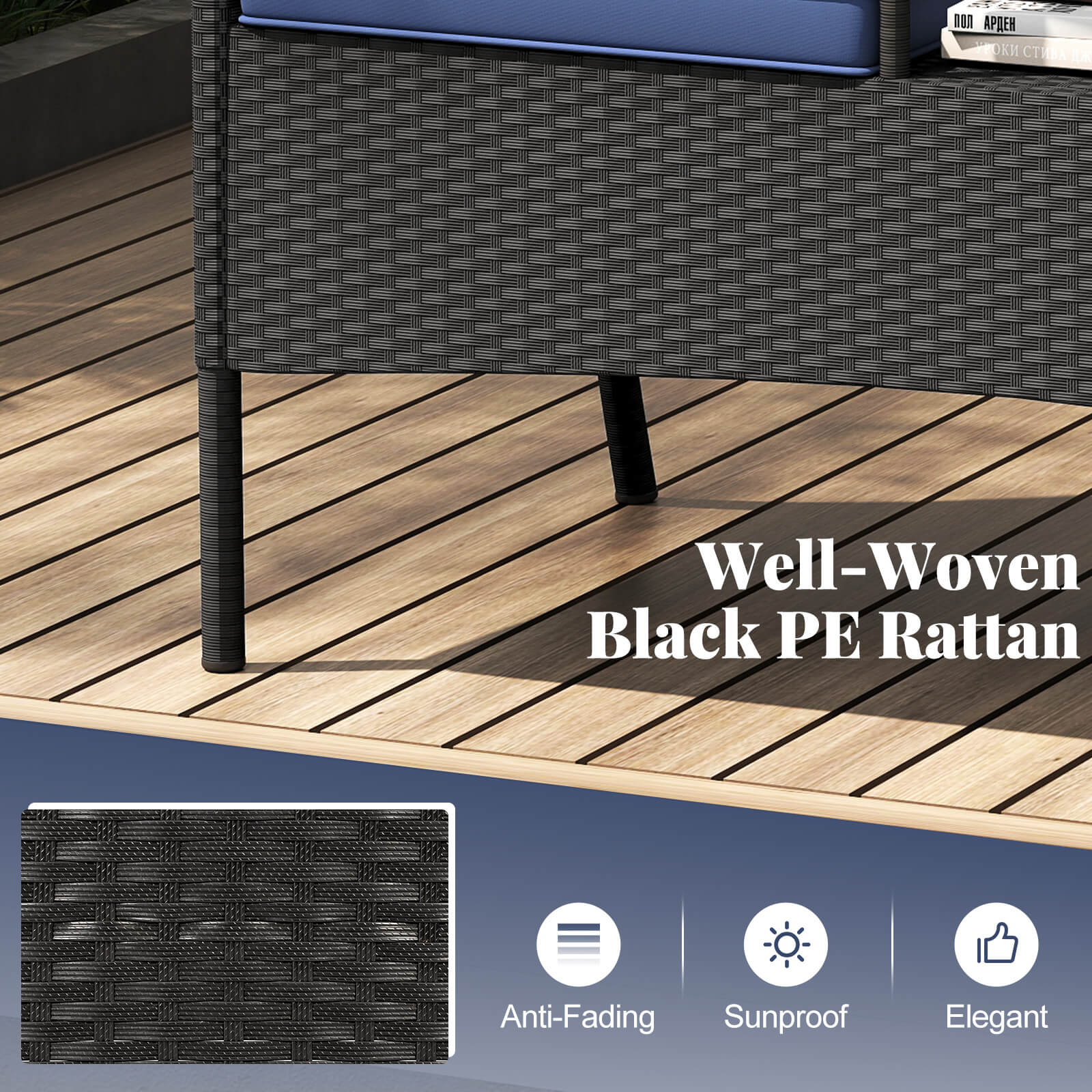 The text on the image is grouped and corrected as follows:

"Well-Woven Black PE Rattan Anti-Fading Sunproof Elegant"