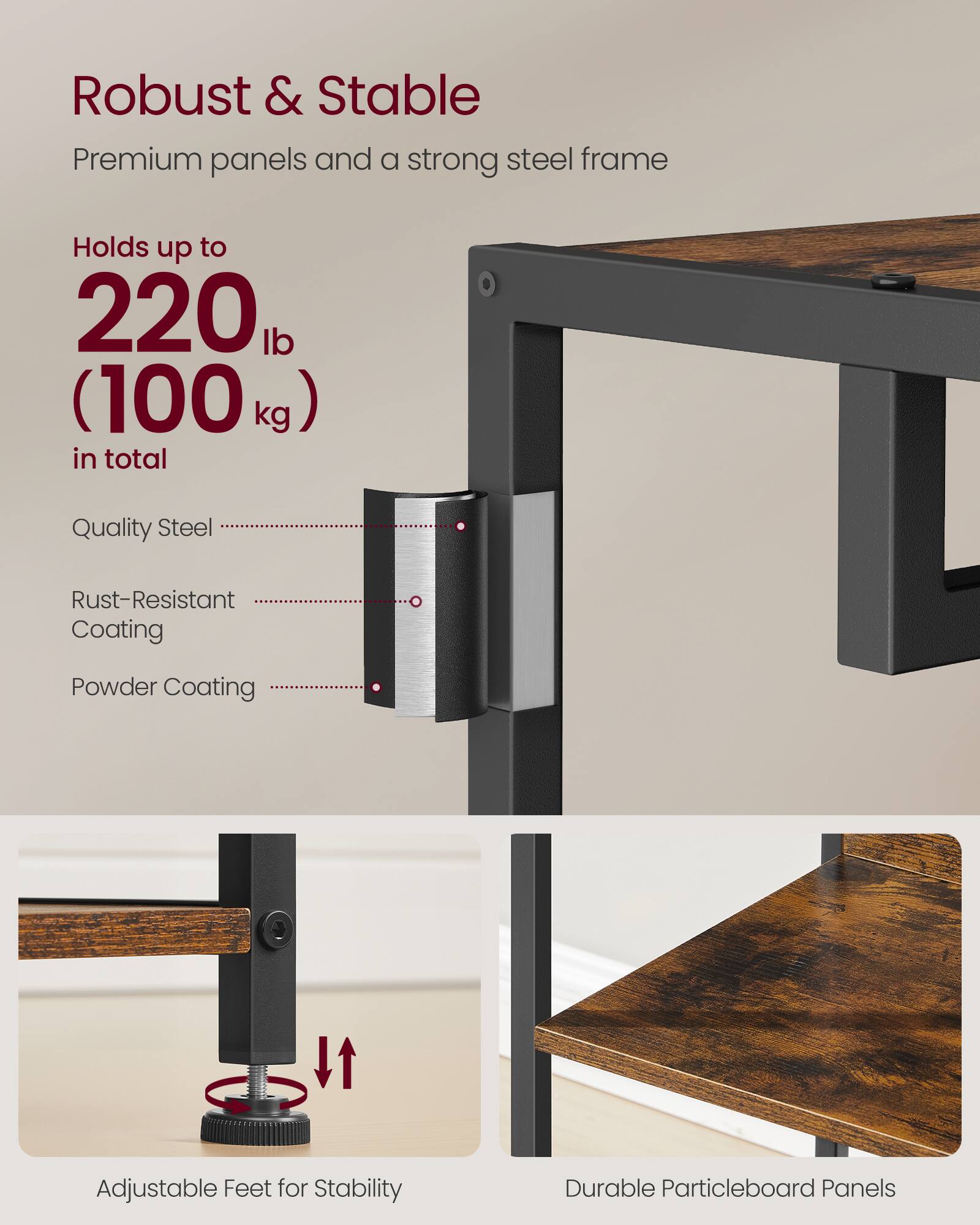 Robust & Stable  
Premium panels and a strong steel frame  

Holds up to  
220 lb (100 kg) in total  

Quality Steel  
Rust-Resistant Coating  
Powder Coating  

Adjustable Feet for Stability  
Durable Particleboard Panels