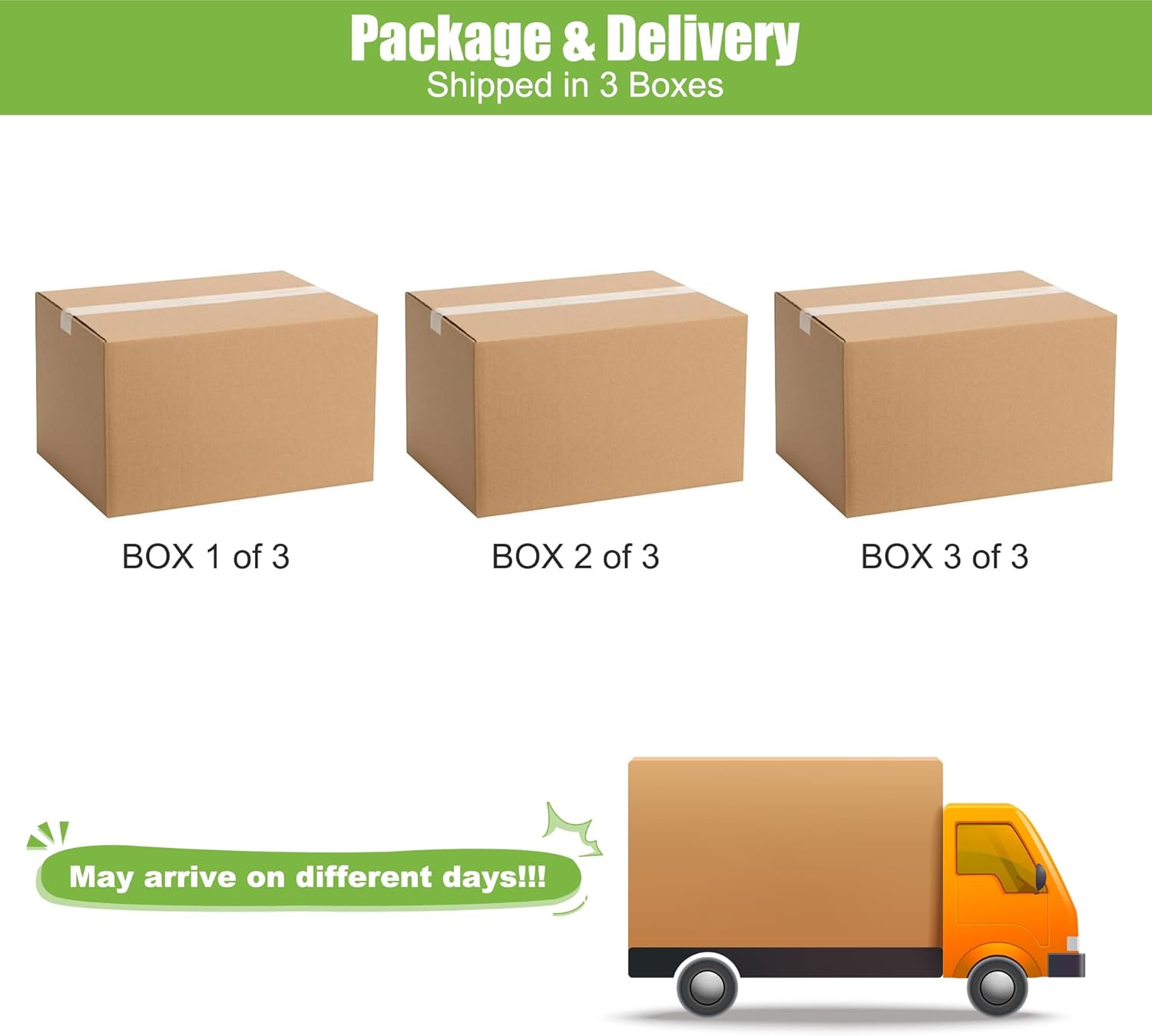 Package & Delivery  
Shipped in 3 Boxes  

BOX 1 of 3  
BOX 2 of 3  
BOX 3 of 3  

May arrive on different days!!!
