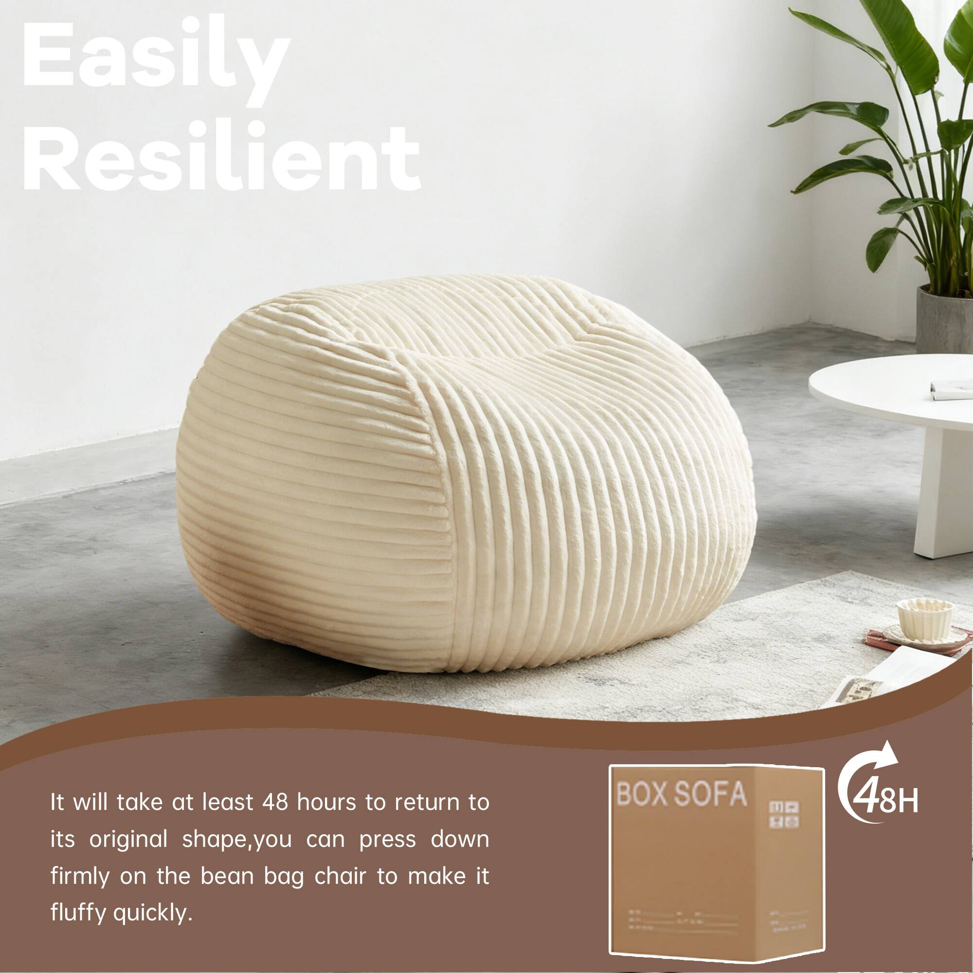 Easily Resilient

It will take at least 48 hours to return to its original shape. You can press down firmly on the bean bag chair to make it fluffy quickly.

BOX SOFA

48H
