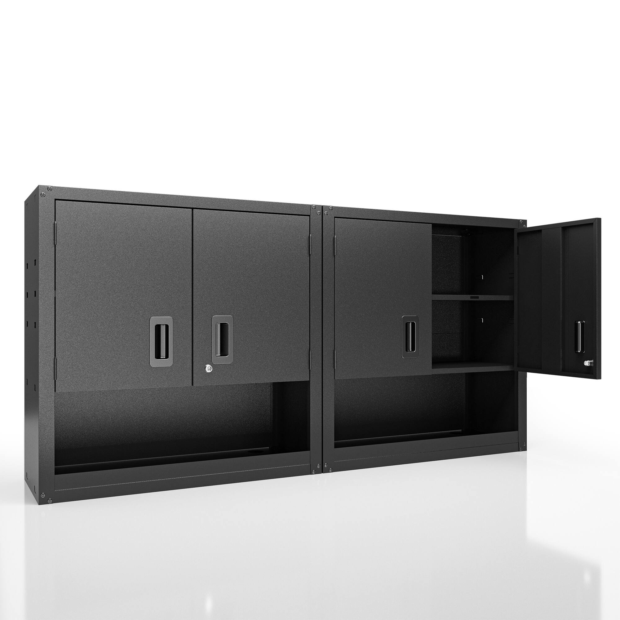 Angle. TinyHomie - Set of 2 Garage Wall Metal Cabinet with Locking 3/4 Doors and Adjustable Shelf, Floating Upper Storage Cabinet in Black - Black.
