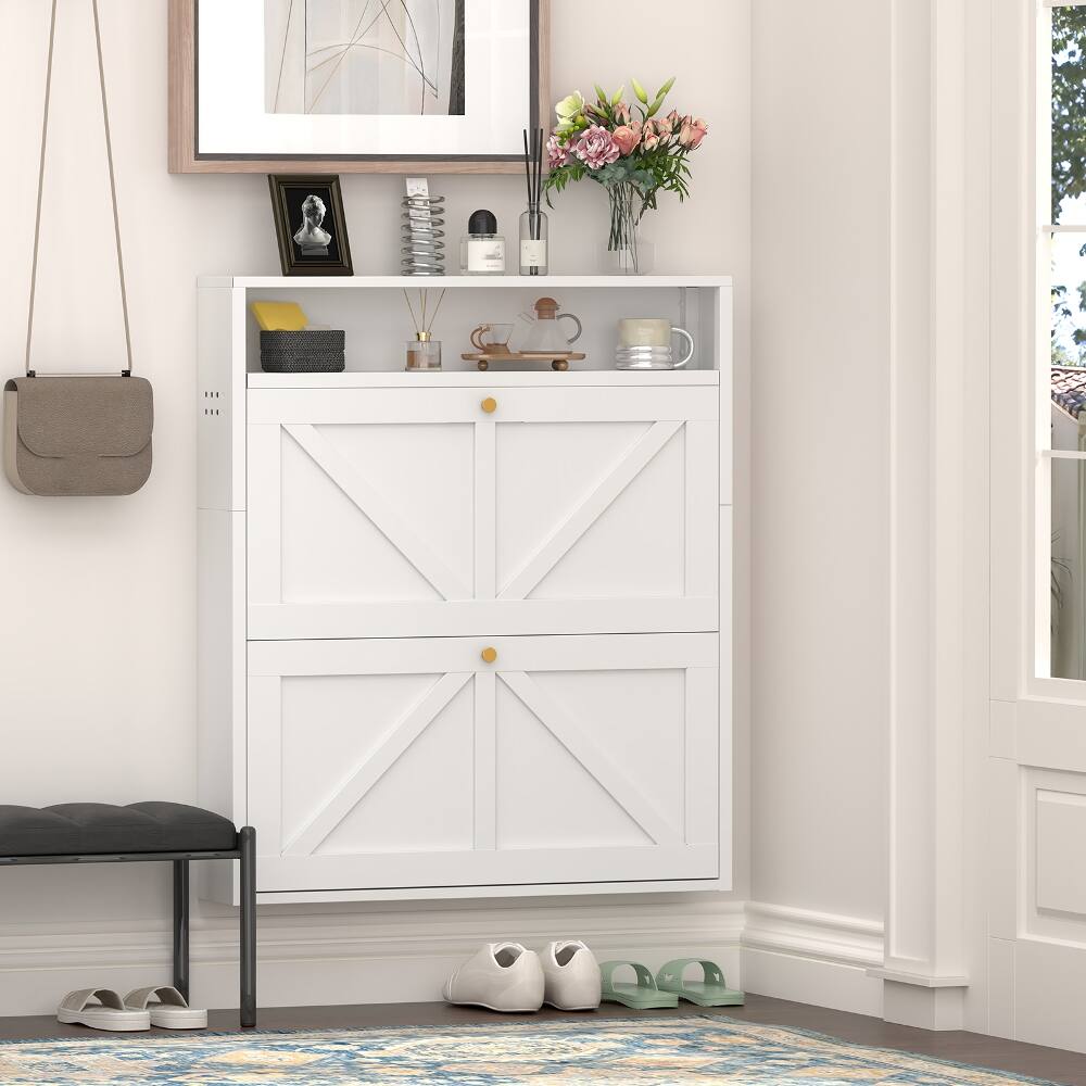 Back. Loheer - Loheer White Metal Shoe Cabinet, 2 Flip Drawer Shoe Organizer, Wall Mounted Slim Entryway Storage - White.