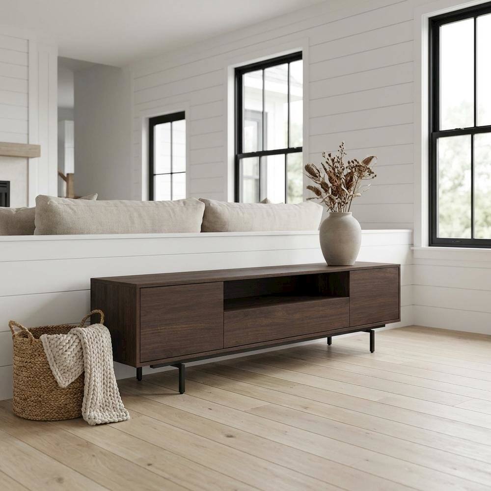 Angle. FurniFact - Walnut Finish Modern TV Console with 3 Doors in Engineered Wood - Brown.