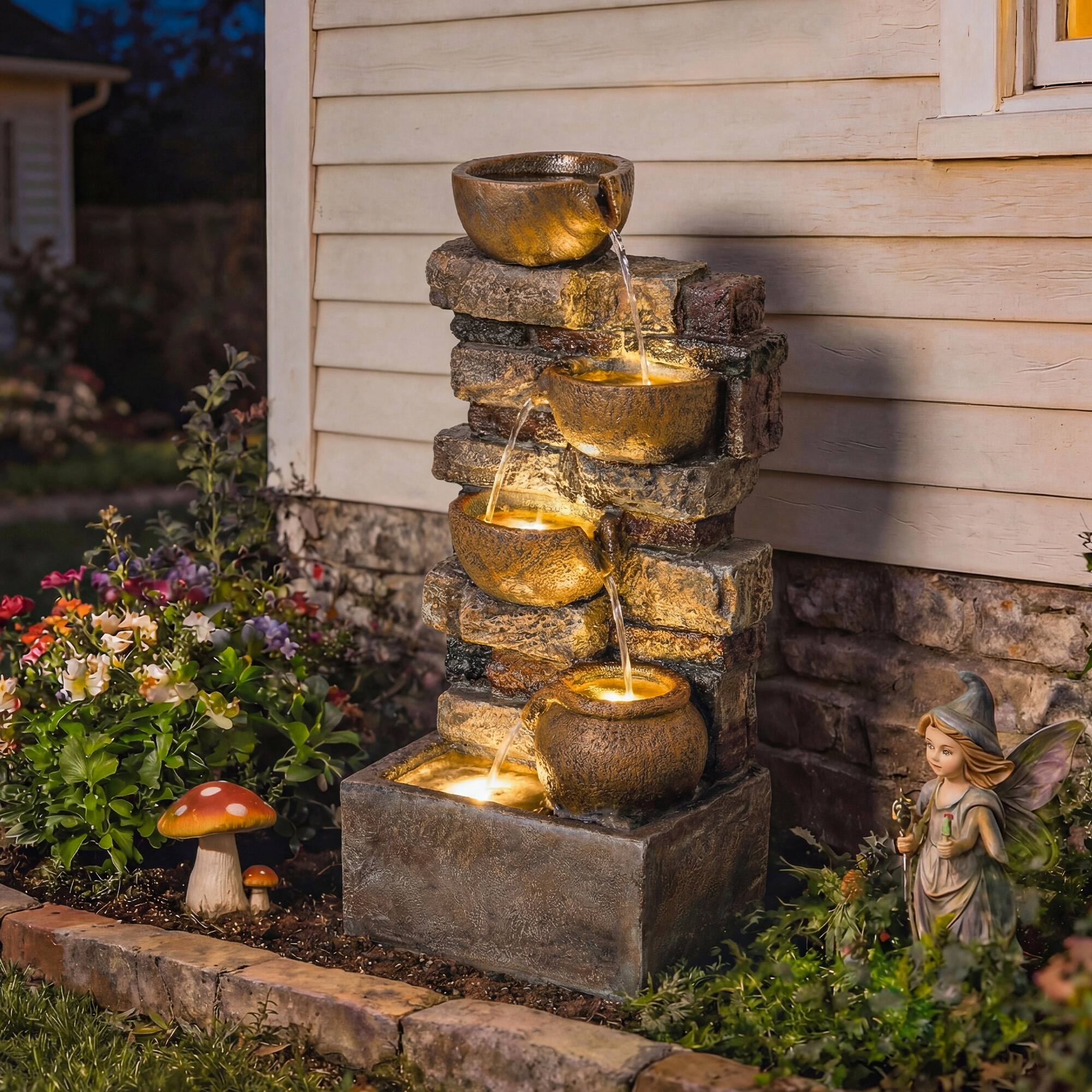 Alt View 1. Outsunny - 28" Outdoor Fountain with 5-Tier Rustic Jugs and Rock, Cascading Waterfall with LED Lights, Adjustable Flow.