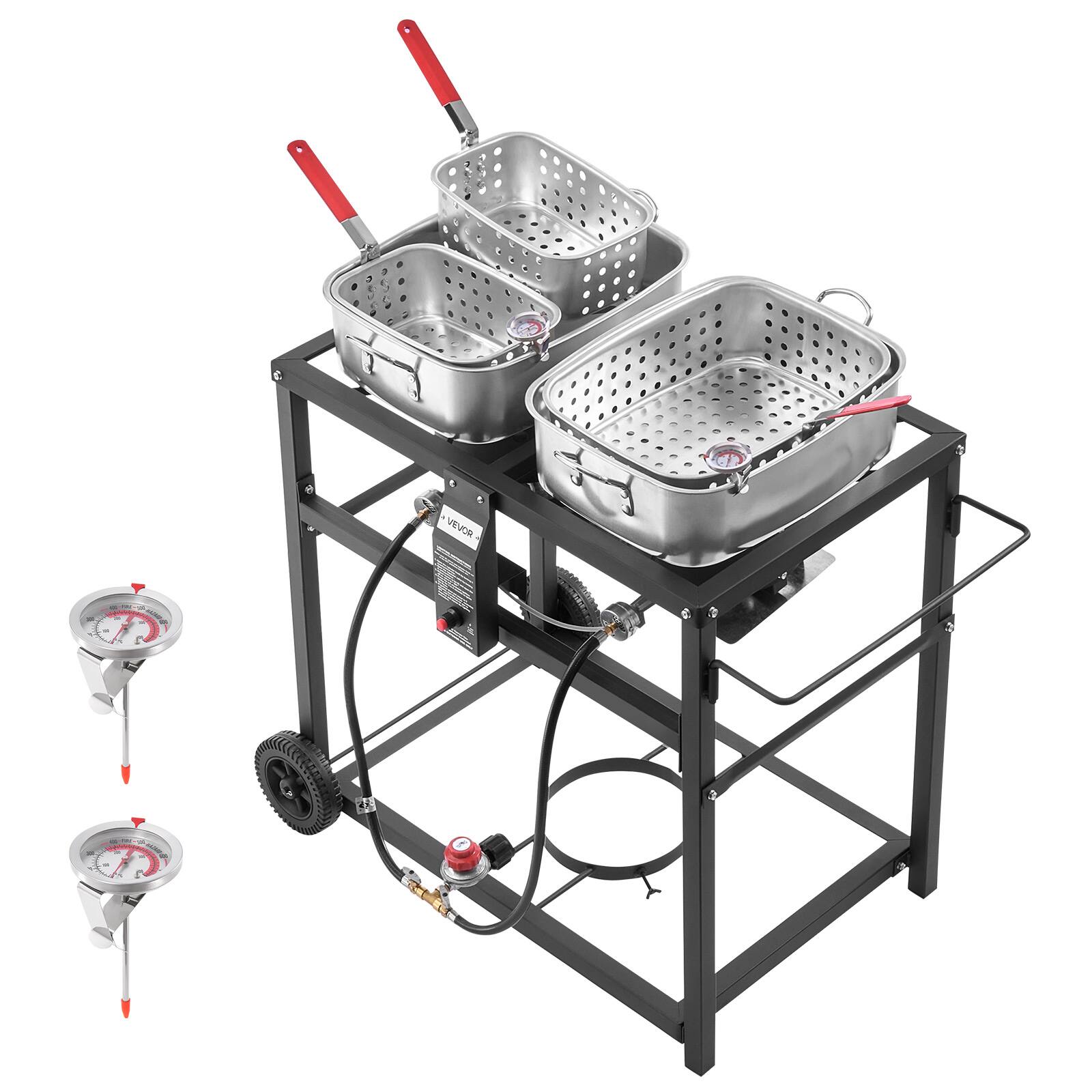 Alt View 5. VEVOR - Outdoor Propane Deep Fryer, Dual-Tank 18QTx2 Commercial Fryer,Frying Cart with Wheel, 3 Basket, 2 Thermometer,40,000 BTU - Black.