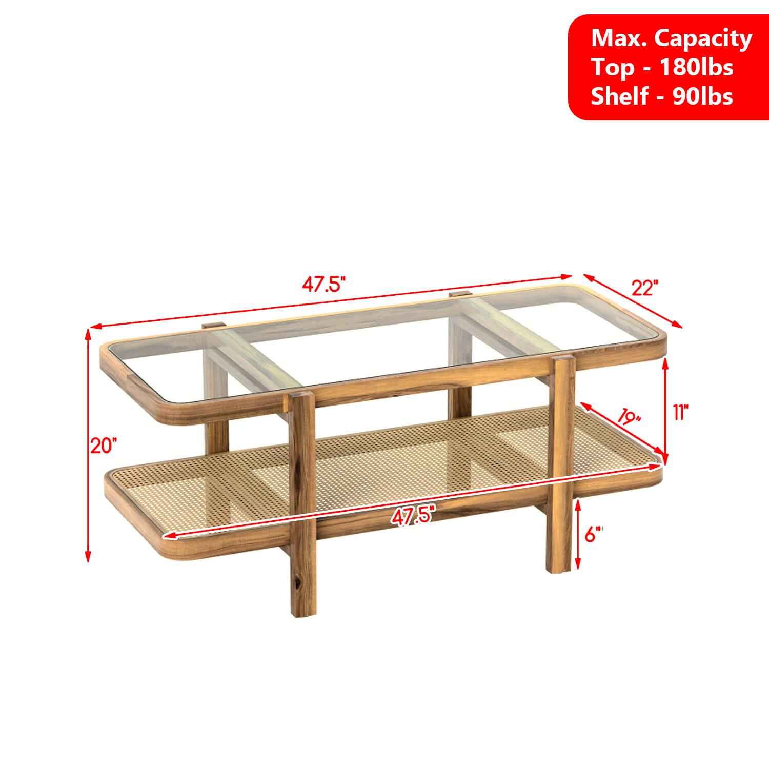 Max. Capacity  
Top - 180lbs  
Shelf - 90lbs  

47.5"  
22"  
20"  
19"  
11"  
47.5"  
6"