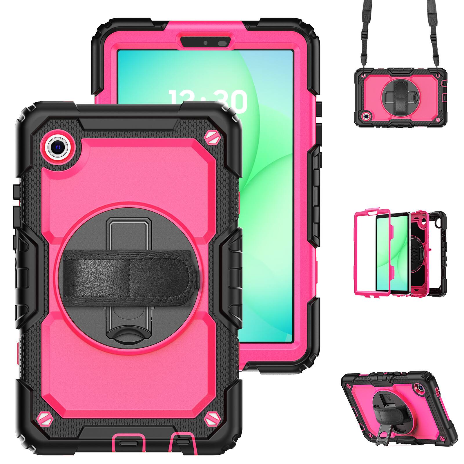 Left. Dteck - For Samsung Galaxy Tab A11 2025/A9 2023 8.7'' Shockproof Three-Layer Stand Shoulder Strap Case Built-in Screen Protector - Rose+Black.
