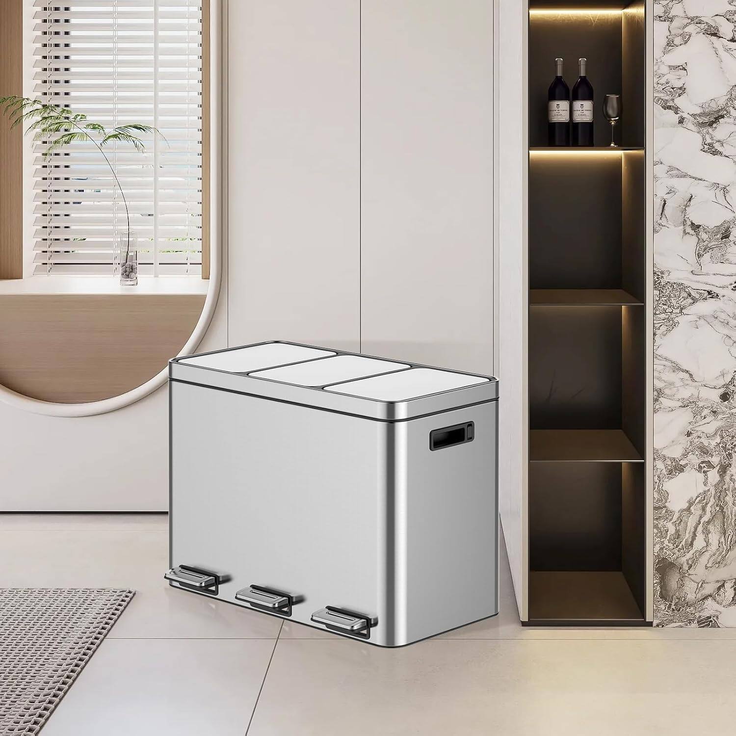 Alt View 3. Homhougo - 3 Compartments Trash Can, 3 x 4 Gal (3 x 15L) Stainless Steel Trash Can with Recycling Bin, Soft-Close Lid - Silver.