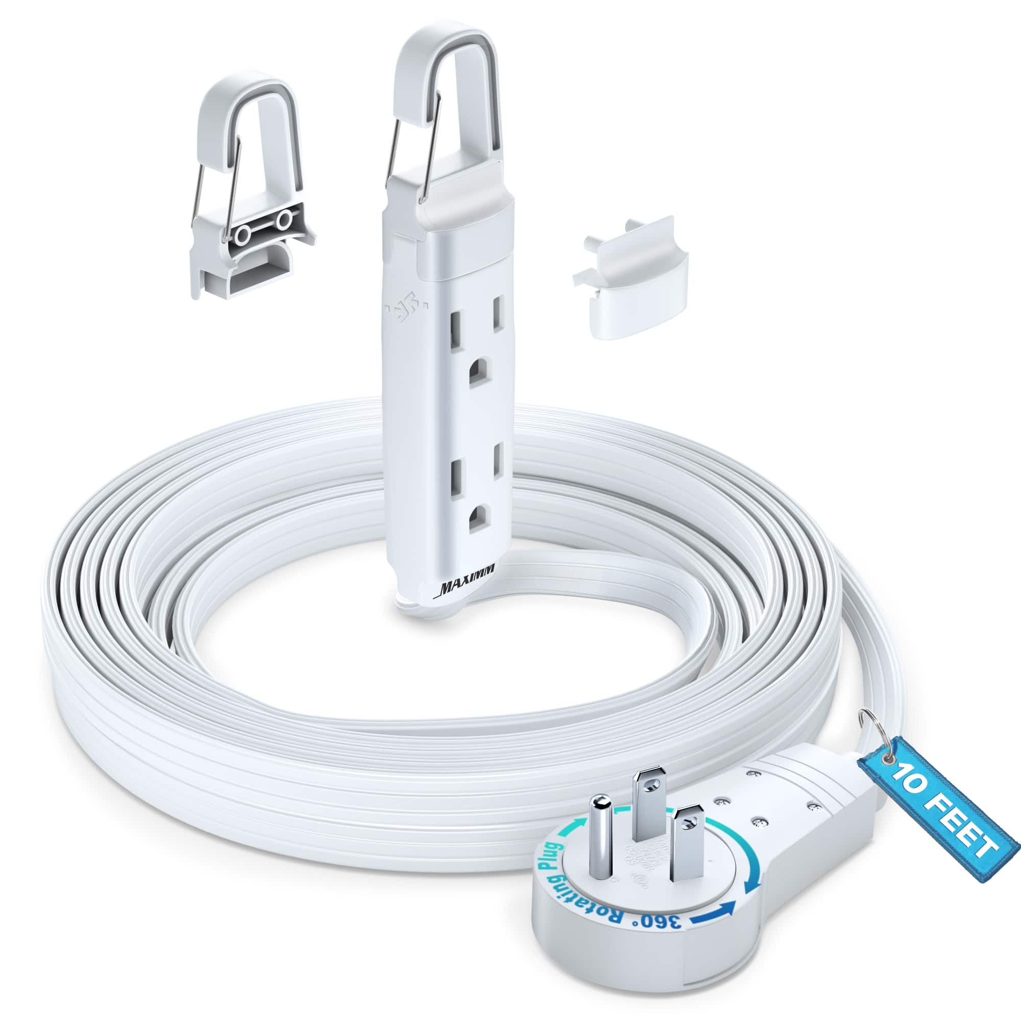 Maximm - 360° Rotating Flat Plug Extension Cord with a Removable Hook, Extension Cord 10 ft (16 Gauge) UL Certified - White