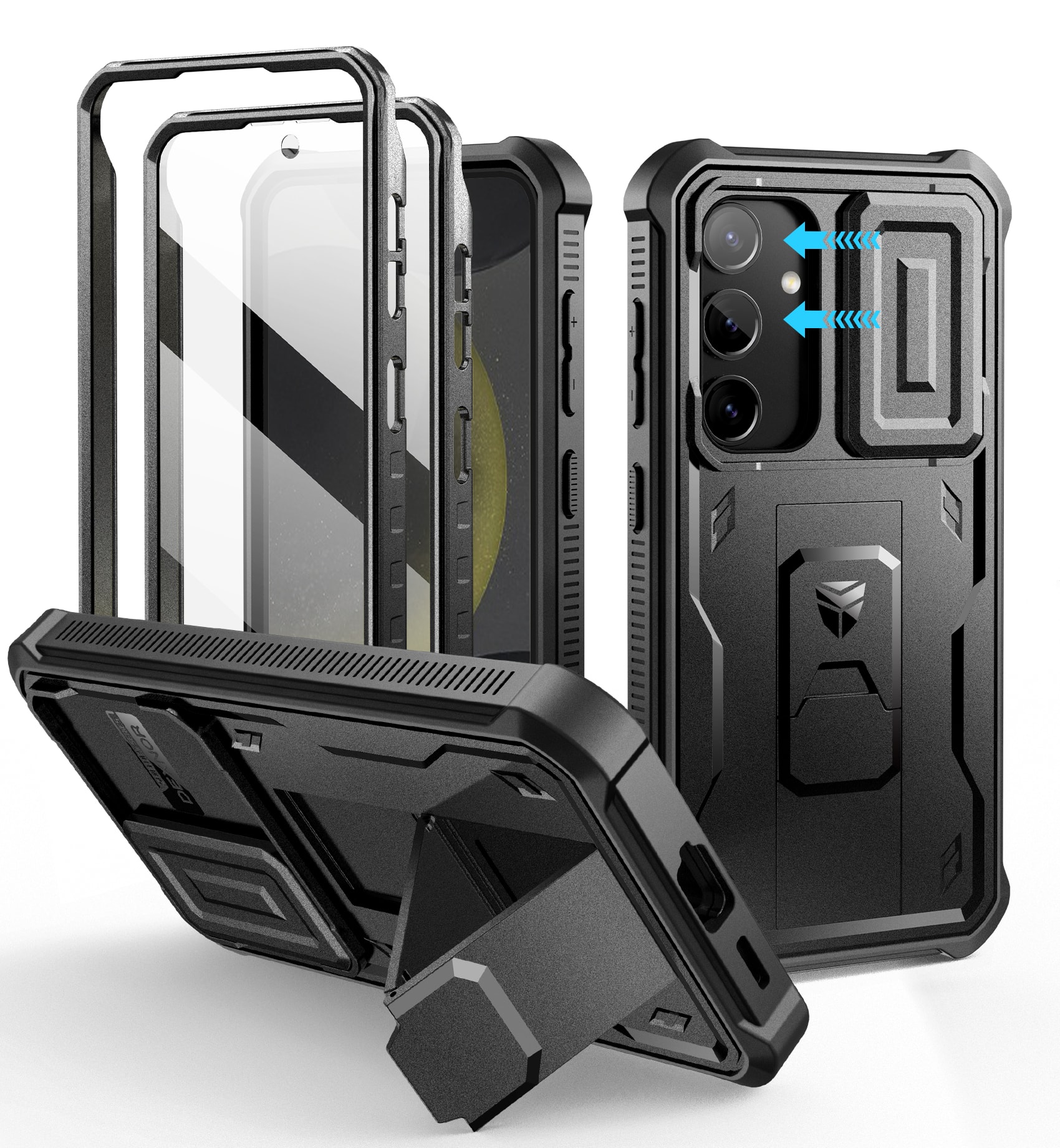 Dexnor - Bumper Phone Case for Samsung Galaxy S24 with Built-in Slide Camera Cover & Screen Protector & Kickstand - Black