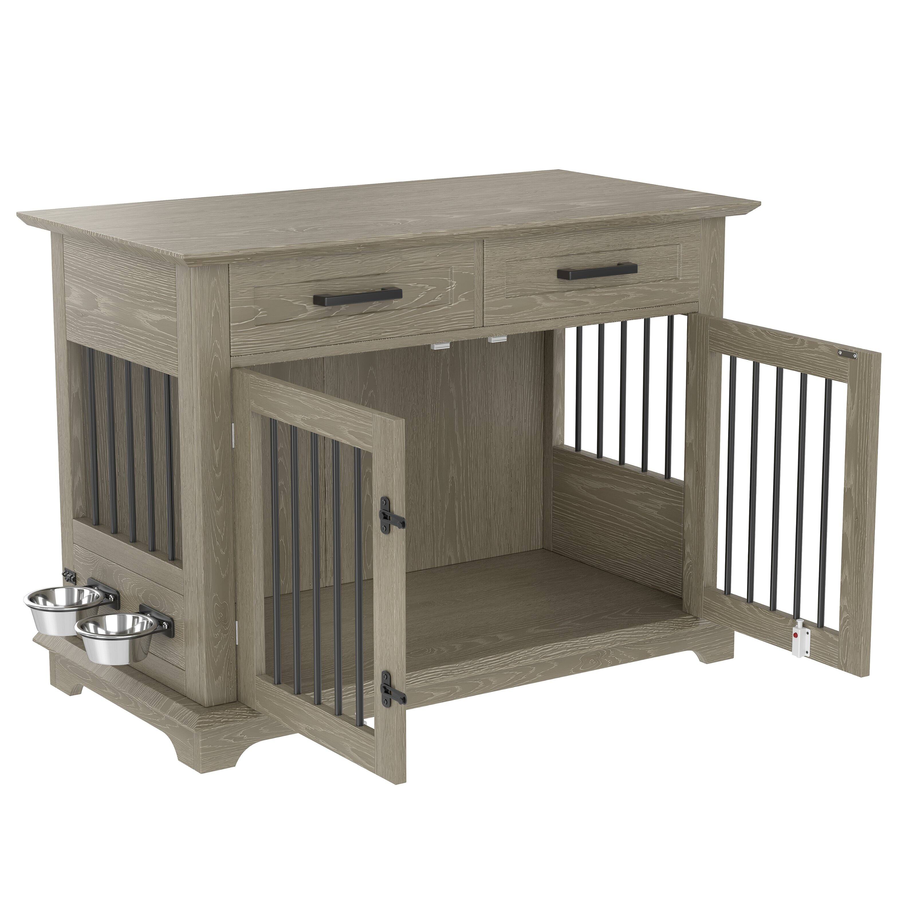 Back. Runesay - 44.48in Gray Large Indoor Wooden Dog Crate Kennel Furniture House End Table with 2 Storage Drawers.