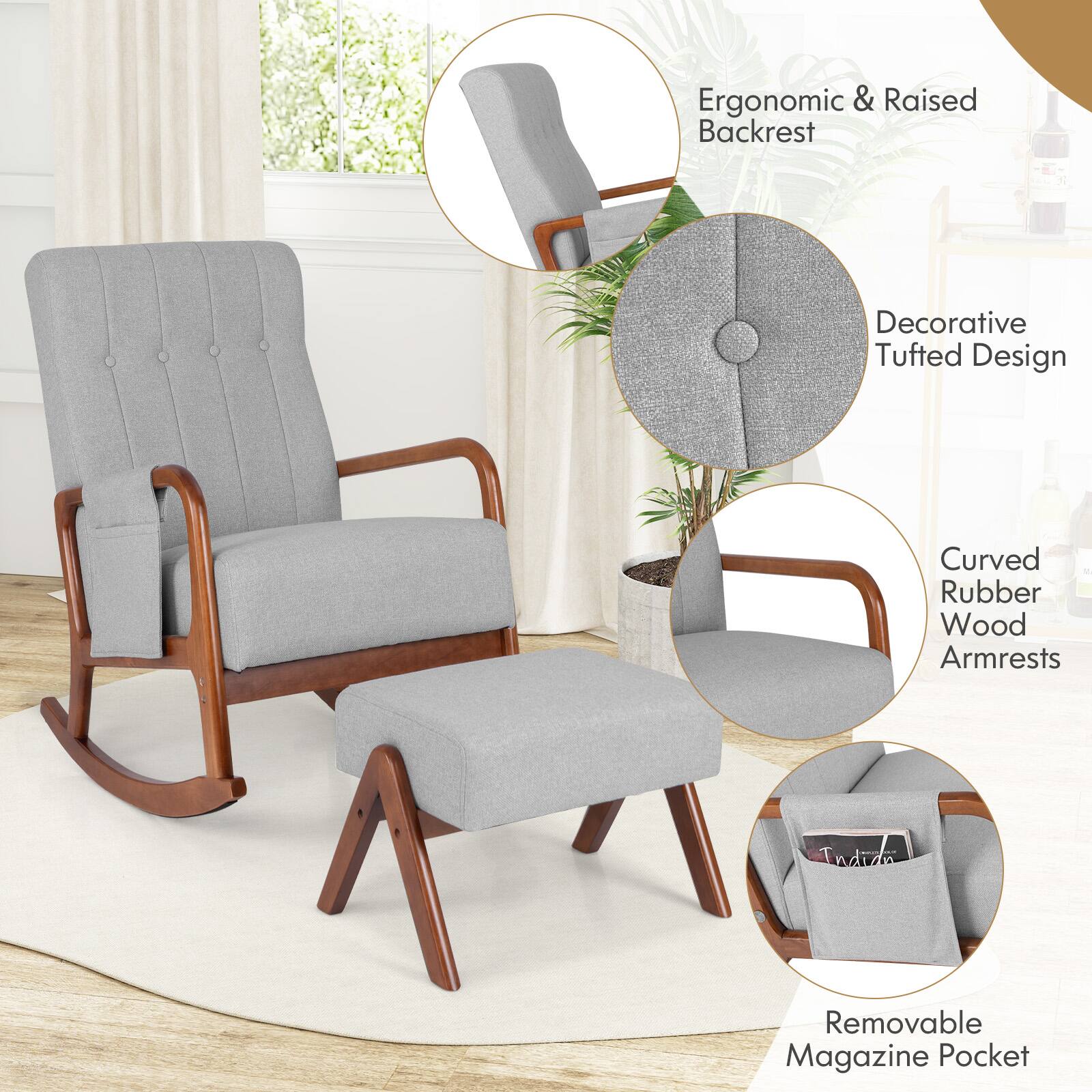 Ergonomic & Raised Backrest, Decorative Tufted Design, Curved Rubber Wood Armrests, Removable Magazine Pocket