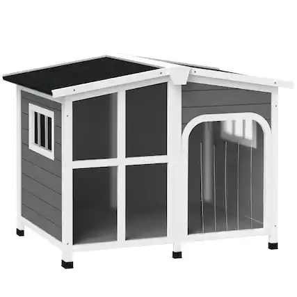 Front. Pawhut - Outside Cabin-Style Wooden Dog House for Large Dogs, Openable Roof, Giant Window, Outdoor & Indoor.