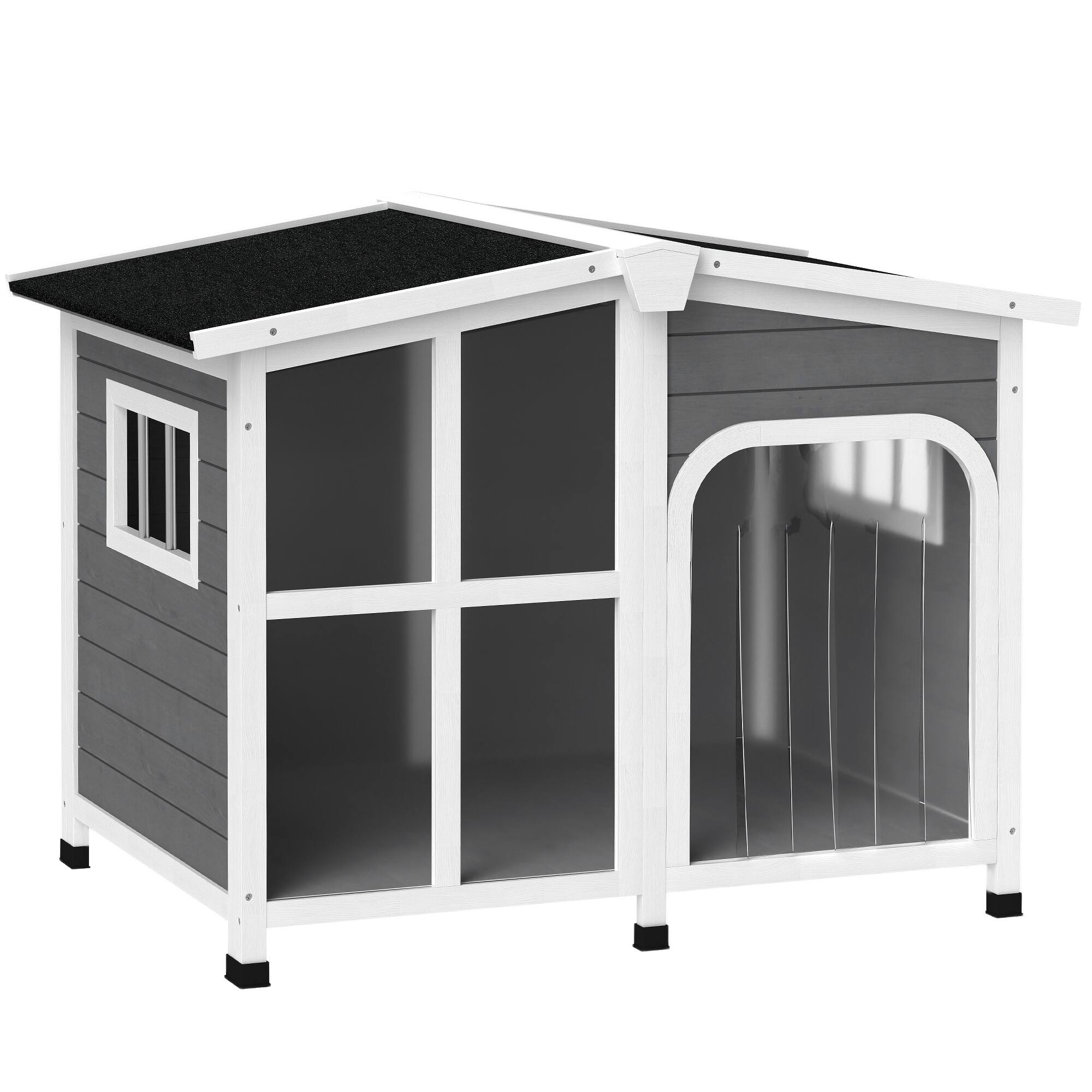 Front. Pawhut - Outside Cabin-Style Wooden Dog House for Large Dogs, Openable Roof, Giant Window, Outdoor & Indoor.