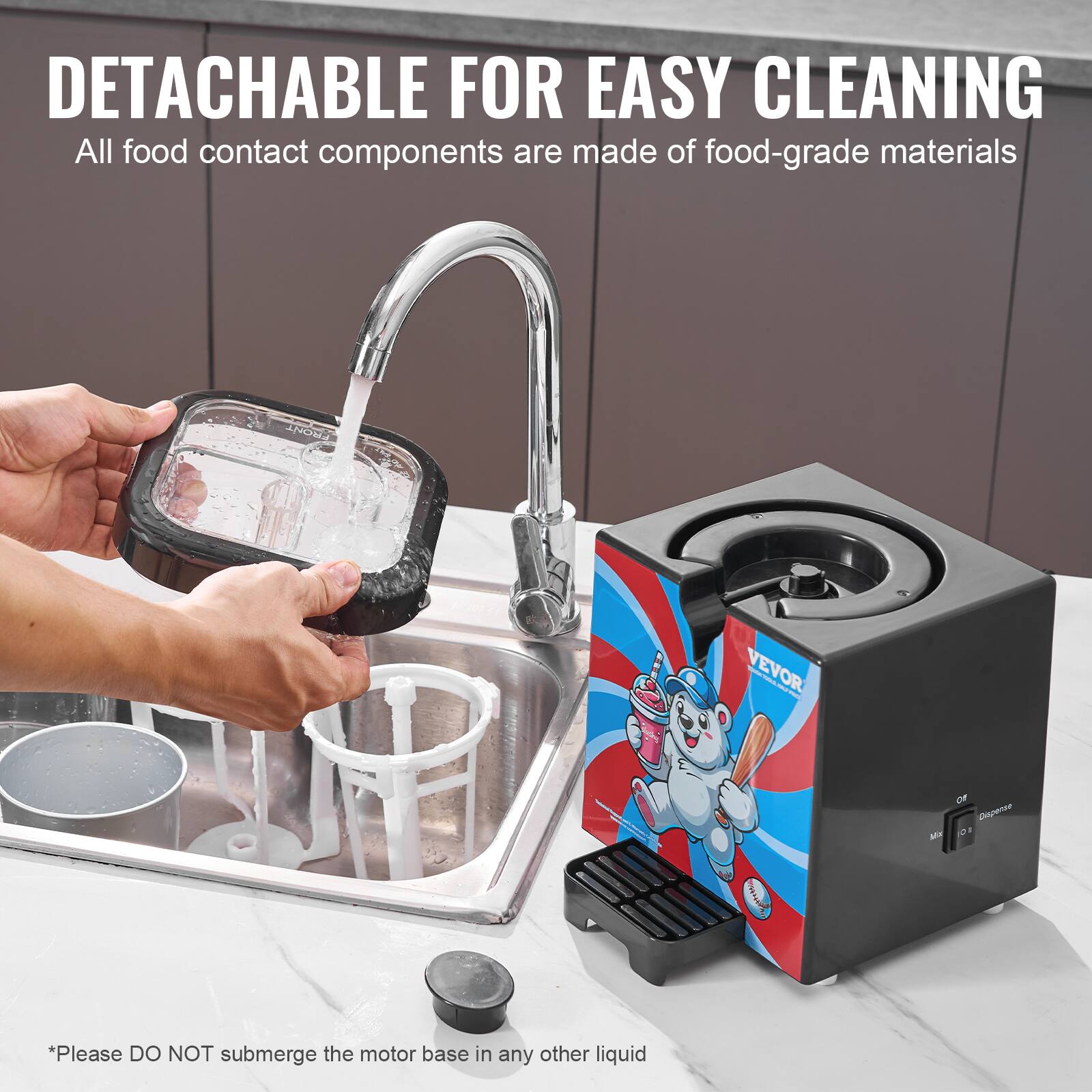 DETACHABLE FOR EASY CLEANING
All food contact components are made of food-grade materials

Please DO NOT submerge the motor base in any other liquid.