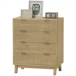 Homcom - Drawer Double Dresser for Bedroom, Fluted Chest of Drawers with Gold Finger Pulls and 4 Wood Legs - Natural Wood