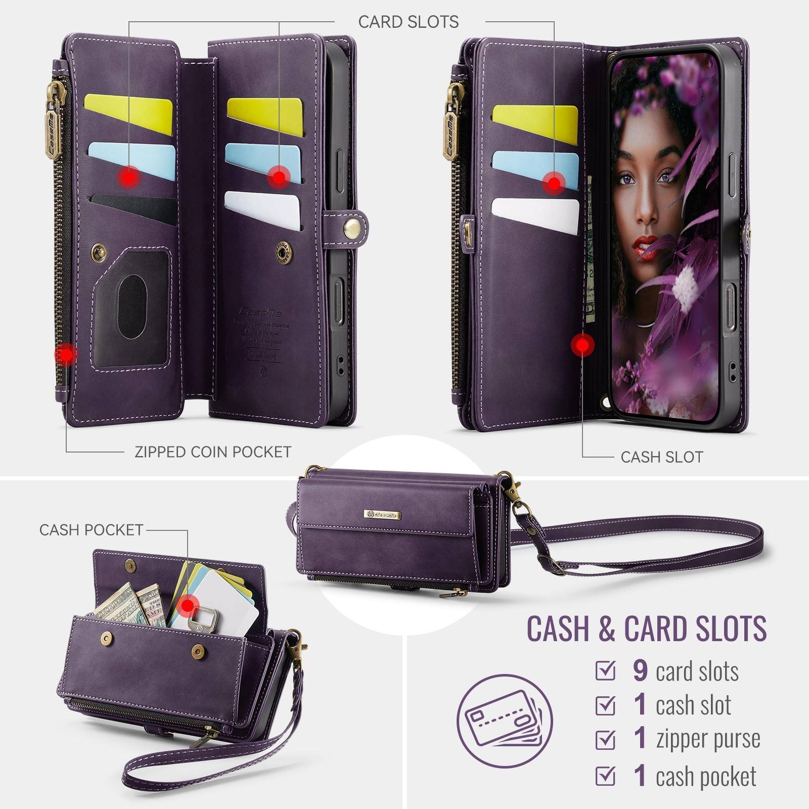 CARD SLOTS

ZIPPED COIN POCKET
CASH SLOT
CASH POCKET
CASH & CARD SLOTS

9 card slots
1 cash slot
1 zipper purse
1 cash pocket