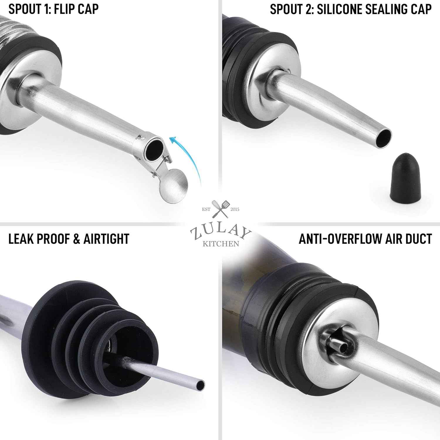 SPOUT 1: FLIP CAP  
SPOUT 2: SILICONE SEALING CAP  
LEAK PROOF & AIRTIGHT  
EST. 2015  
ZULAY KITCHEN  
ANTI-OVERFLOW AIR DUCT