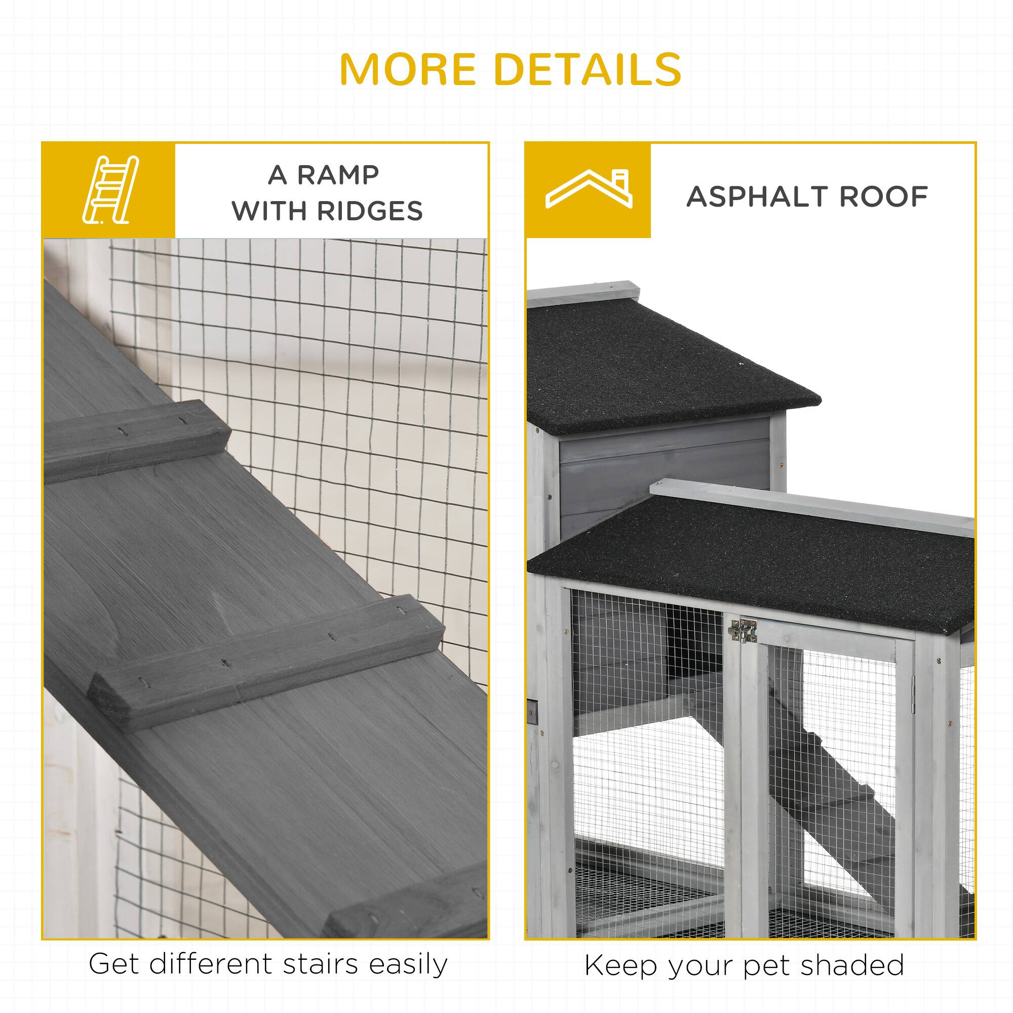MORE DETAILS

A RAMP WITH RIDGES  
Get different stairs easily

ASPHALT ROOF  
Keep your pet shaded