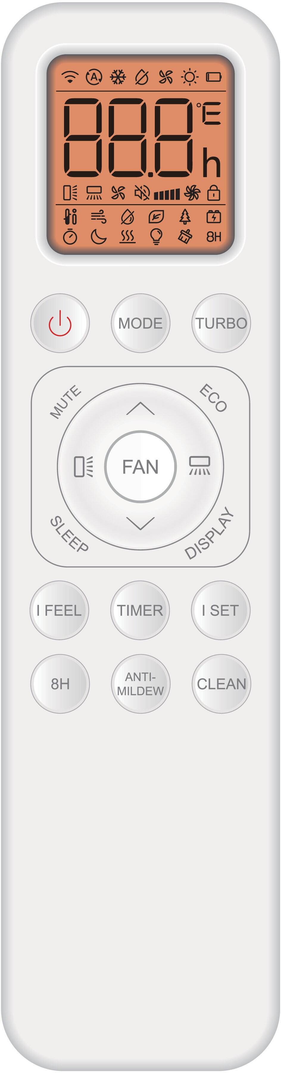8.8.8  
8H  
I  
MODE  
TURBO  
MUTE  
ECO  
FAN  
SLEEP  
DISPLAY  
I FEEL  
TIMER  
I SET  
8H  
ANTI-MILDEW  
CLEAN