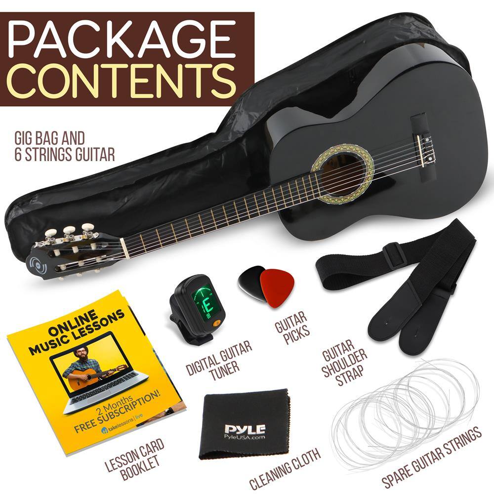 PACKAGE CONTENTS

- GIG BAG AND 6 STRINGS GUITAR
- ONLINE MUSIC LESSONS
  - 2 Months FREE SUBSCRIPTION!
  - LESSON CARD BOOKLET
- DIGITAL GUITAR TUNER
- GUITAR PICKS
- GUITAR SHOULDER STRAP
- CLEANING CLOTH
- SPARE GUITAR STRINGS