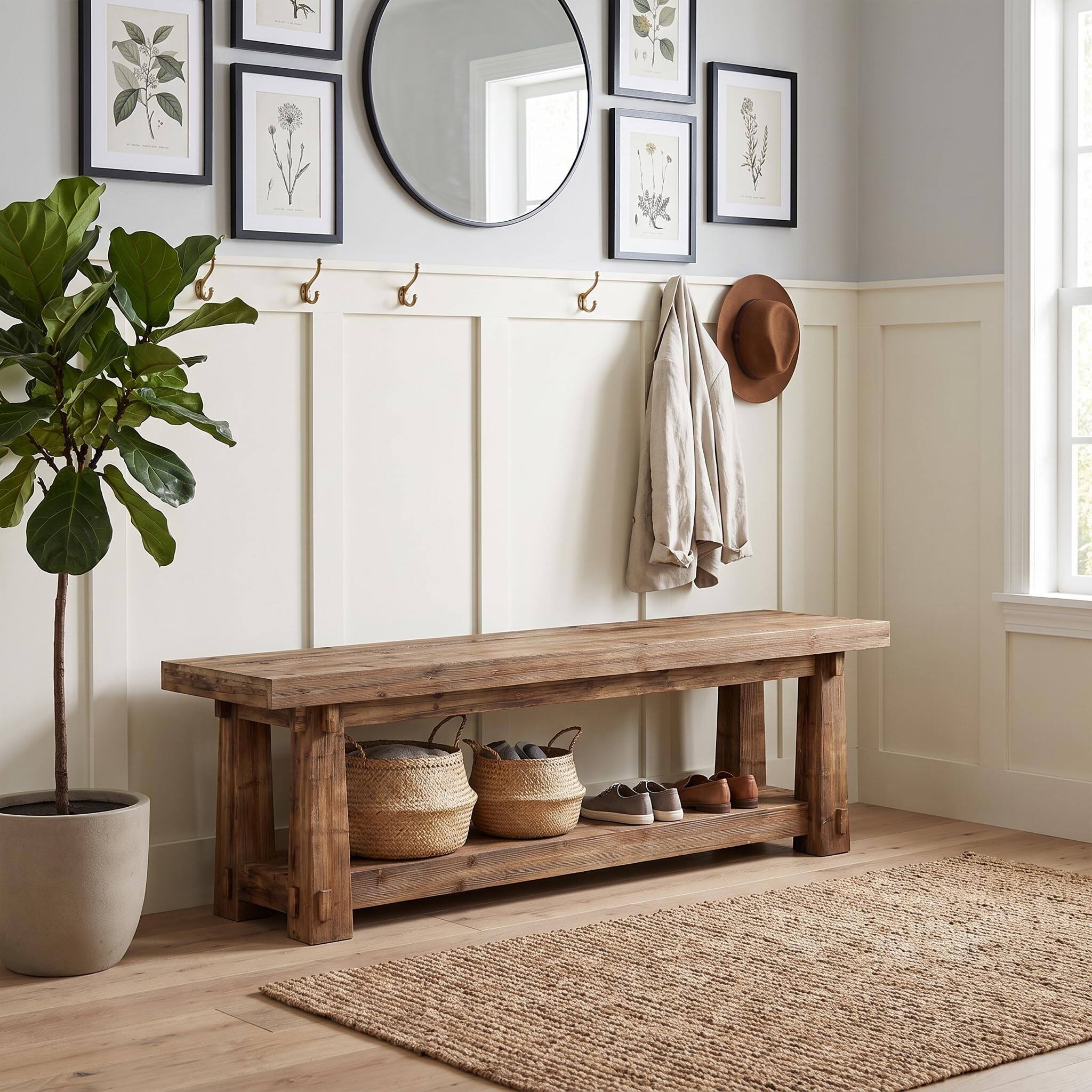Alt View 5. Tribesigns - 55" Wood Entryway Bench with Shoe Storage, Rustic Dining Bench - Light Brown.